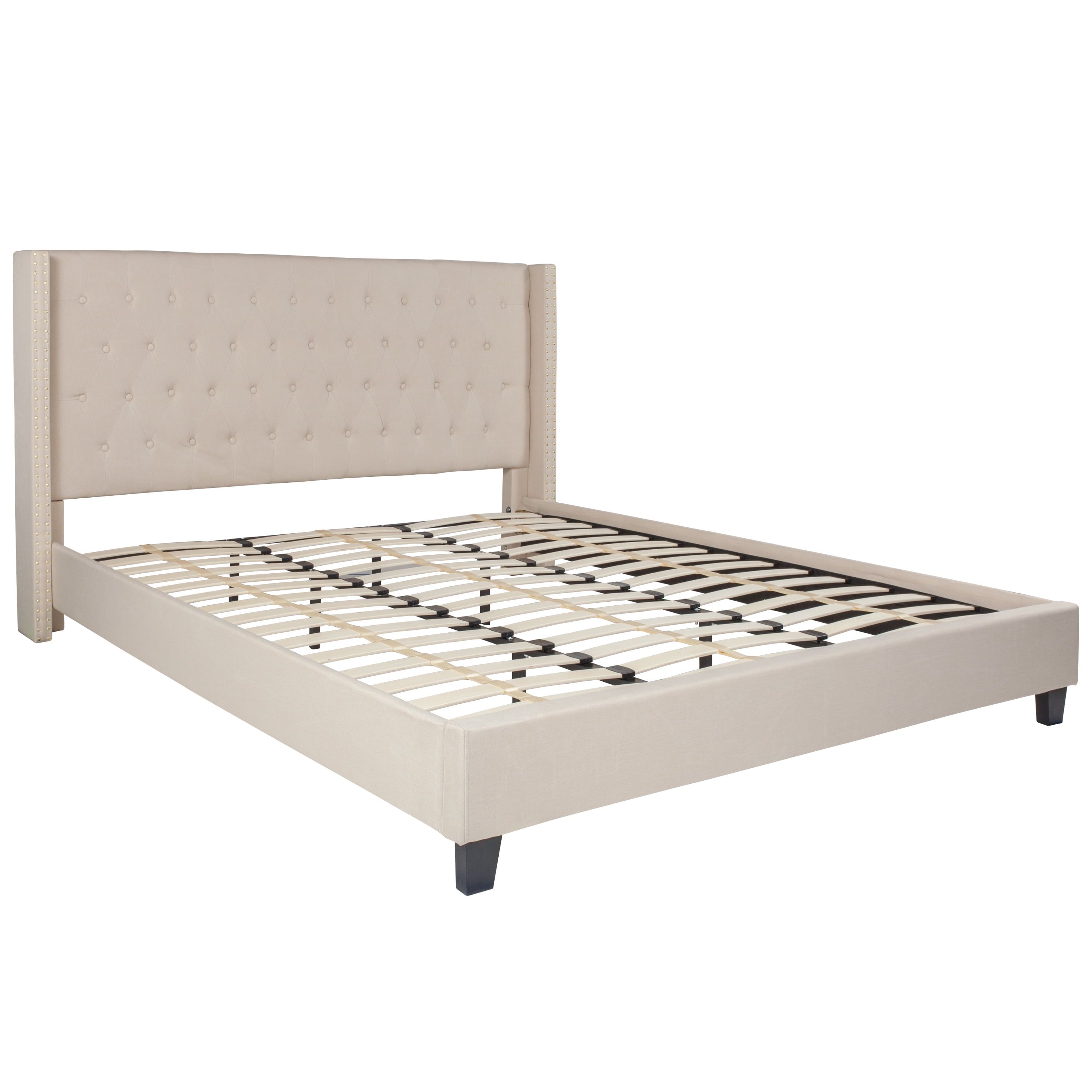 Beige King Upholstered Platform Bed with Nailhead Trim