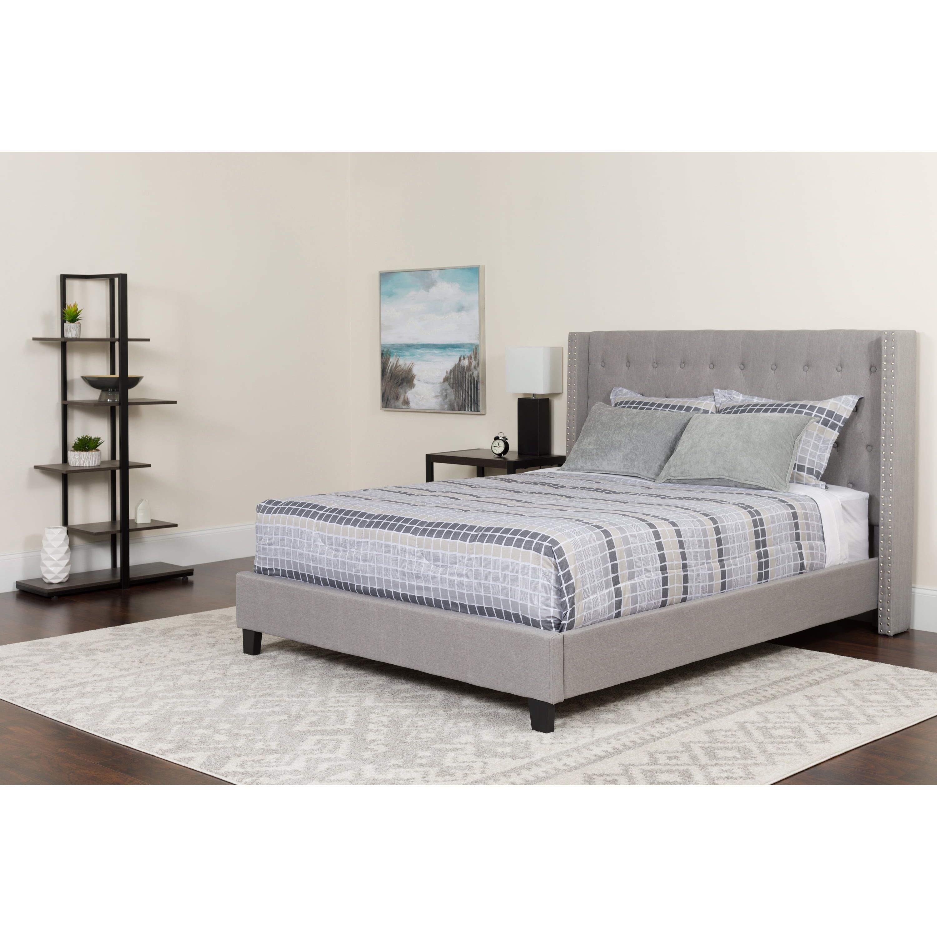 Riverdale Light Gray Upholstered Queen Platform Bed with Nailhead Trim