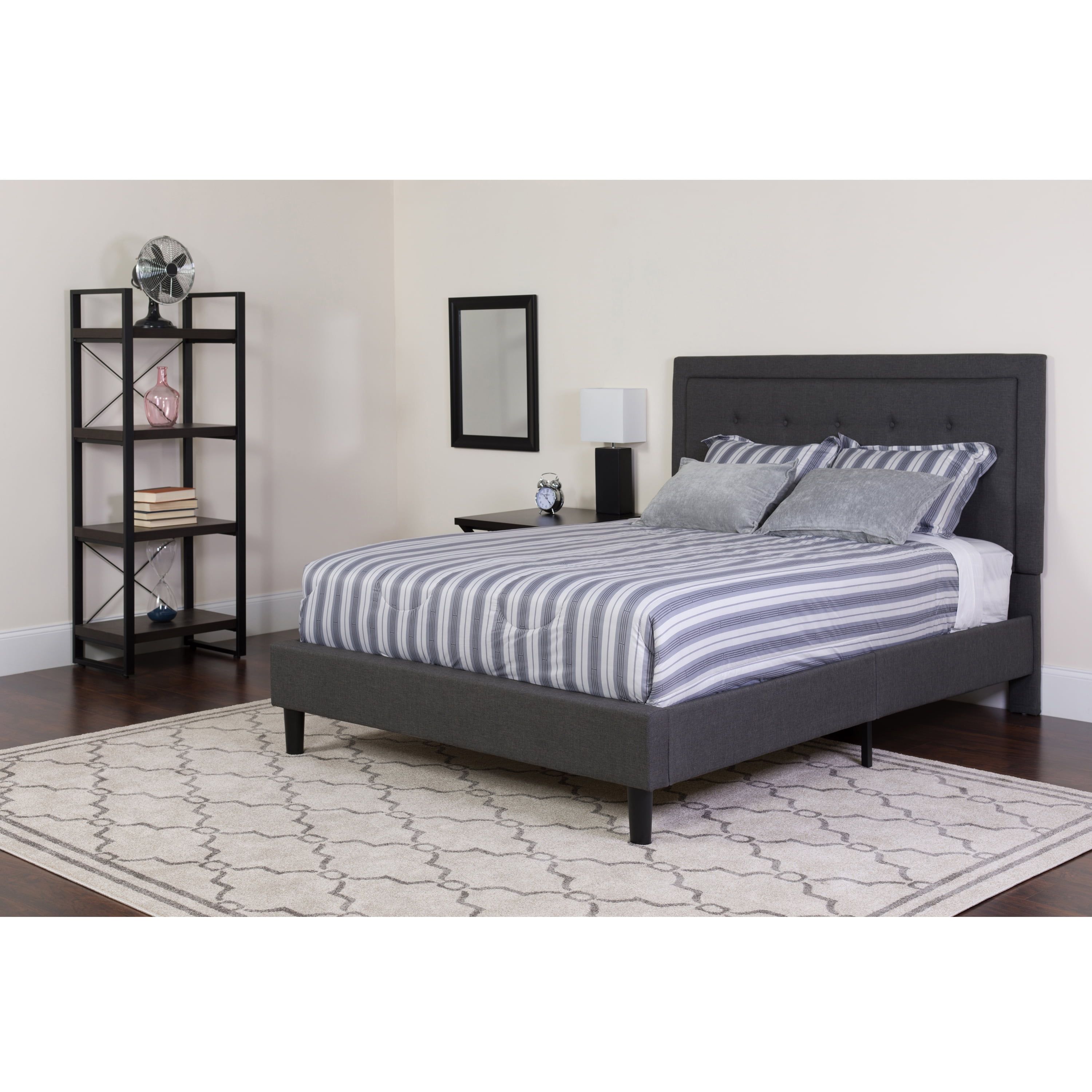 Modern Low-Profile Dark Gray Upholstered Full Bed with Tufted Headboard