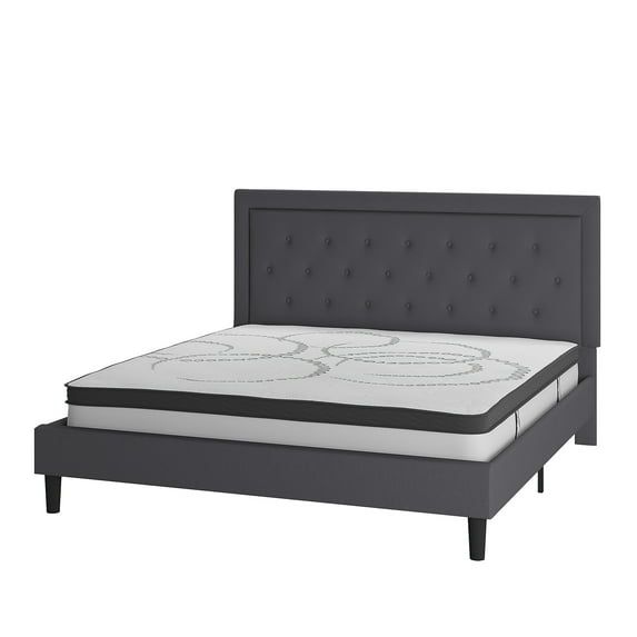 Roxbury King Dark Gray Tufted Upholstered Platform Bed with Slats