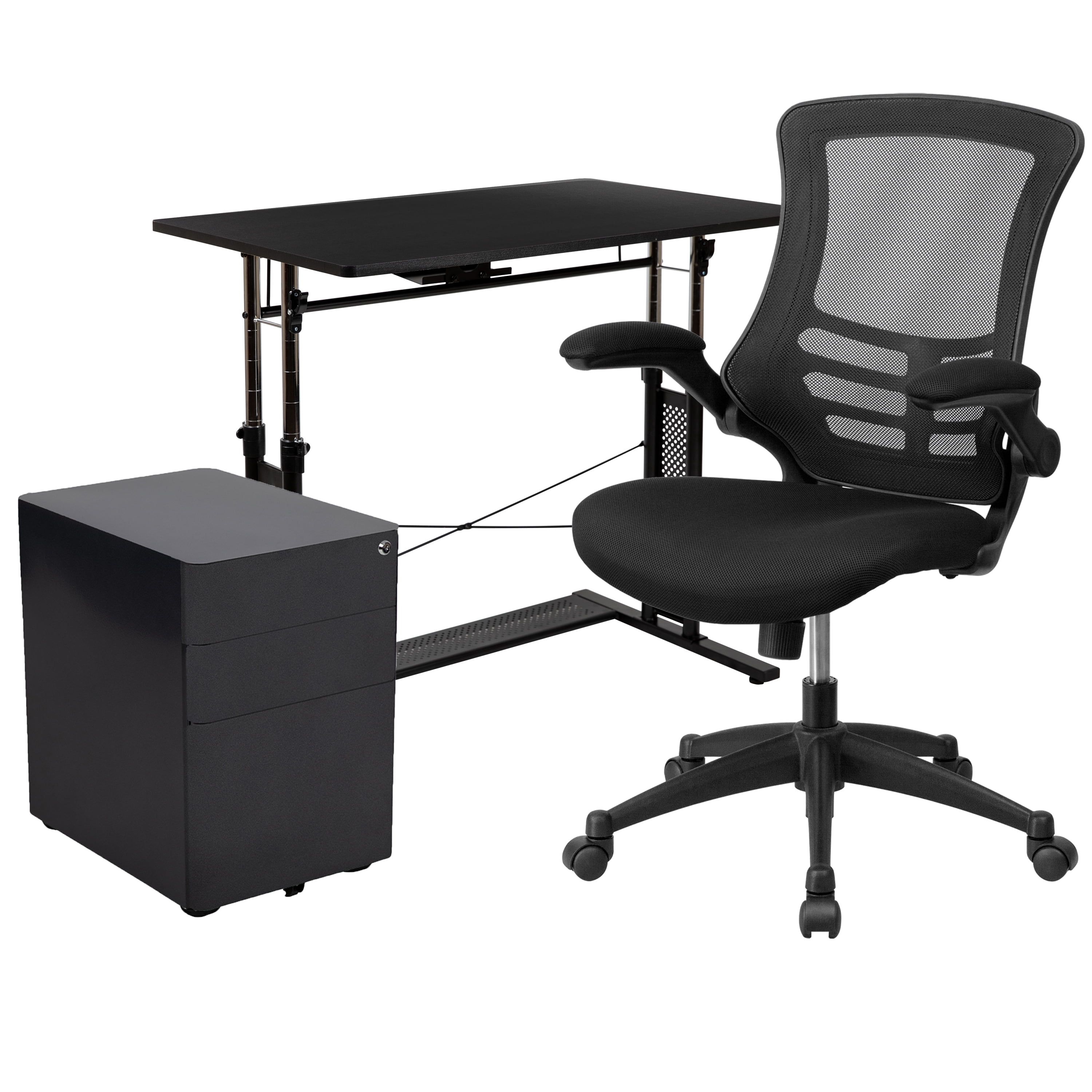 Black Adjustable Computer Desk, Ergonomic Mesh Chair, 3-Drawer File Cabinet Set