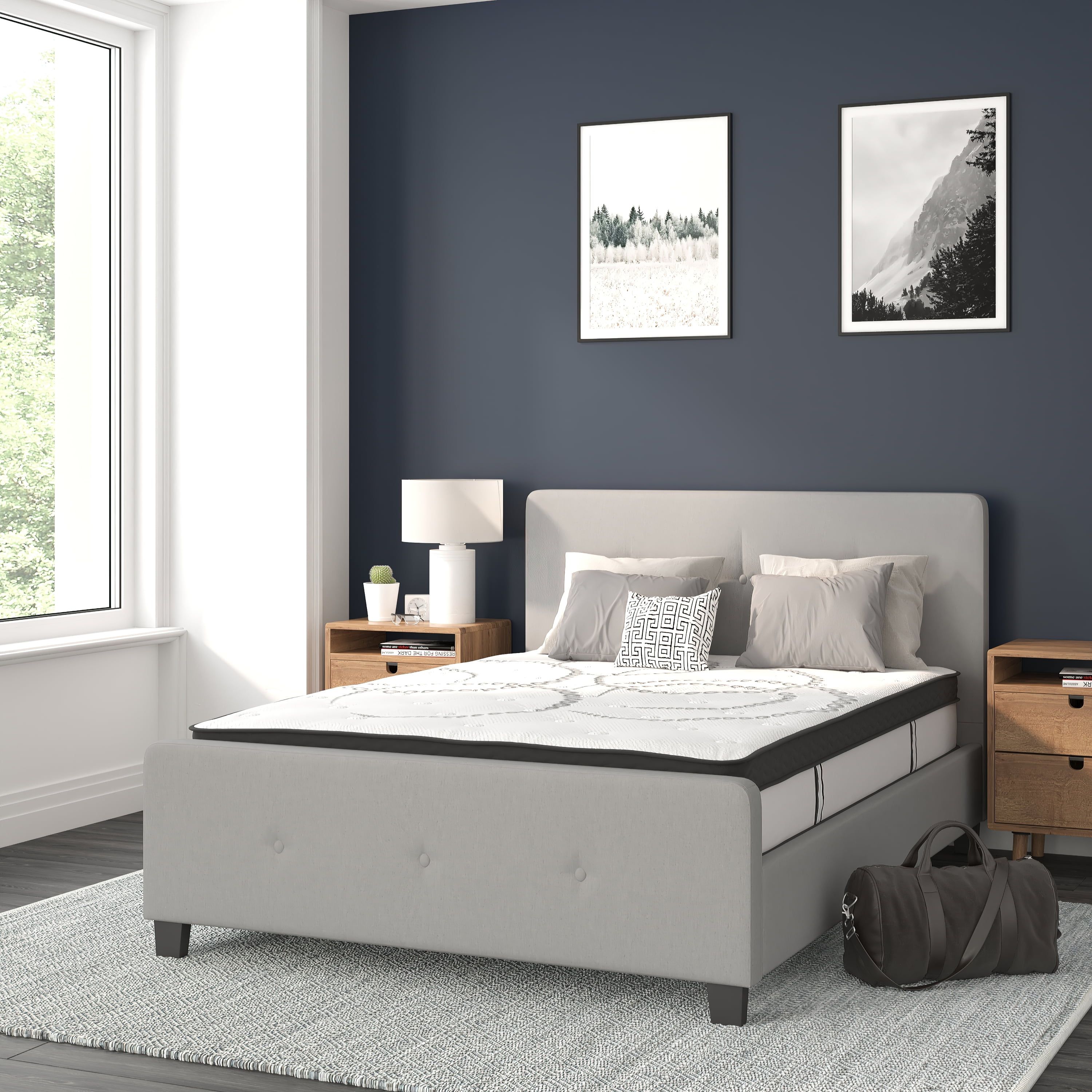 Tribeca Full Light Gray Upholstered Tufted Platform Bed with Slats