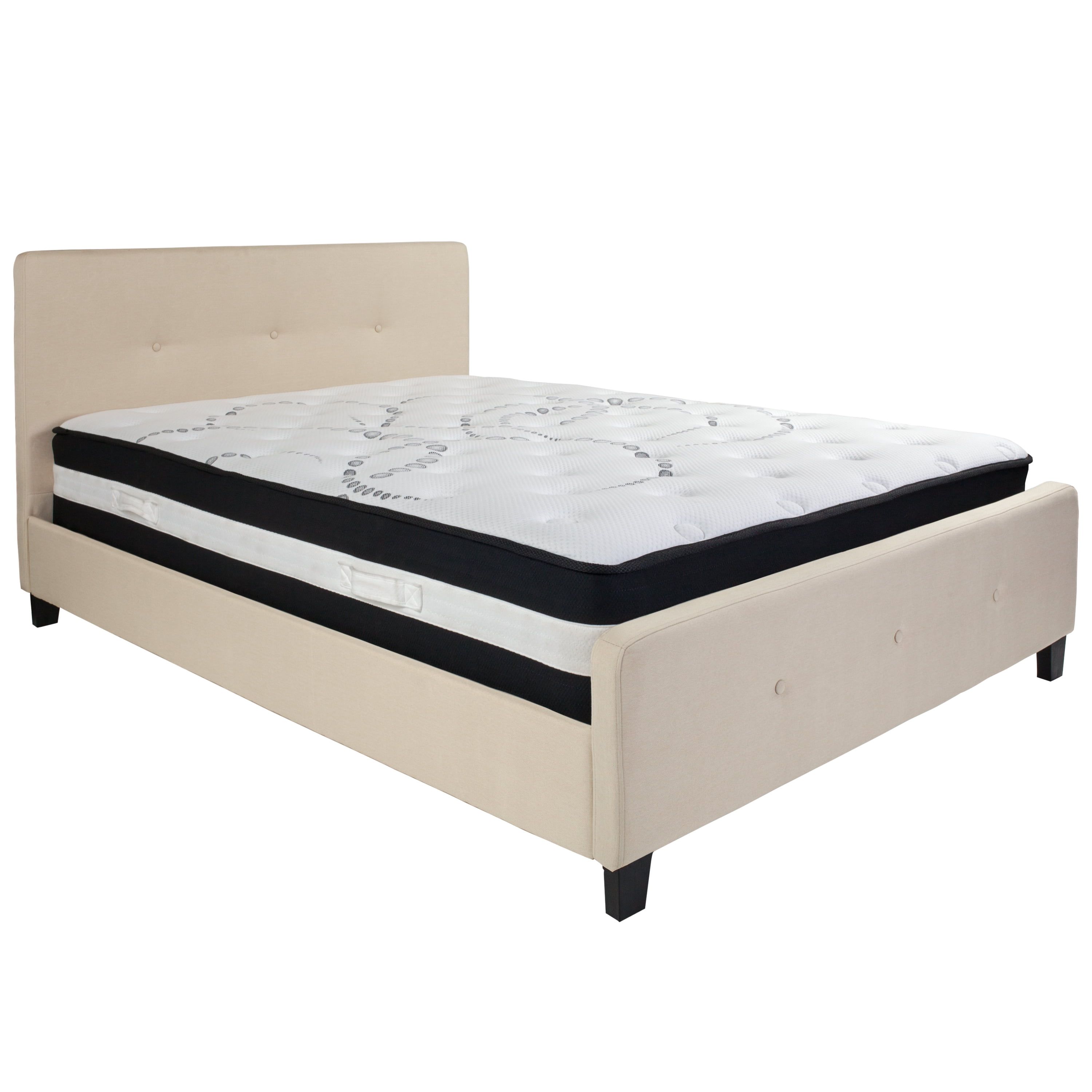 Beige Queen-Sized Platform Bed with Tufted Upholstered Headboard