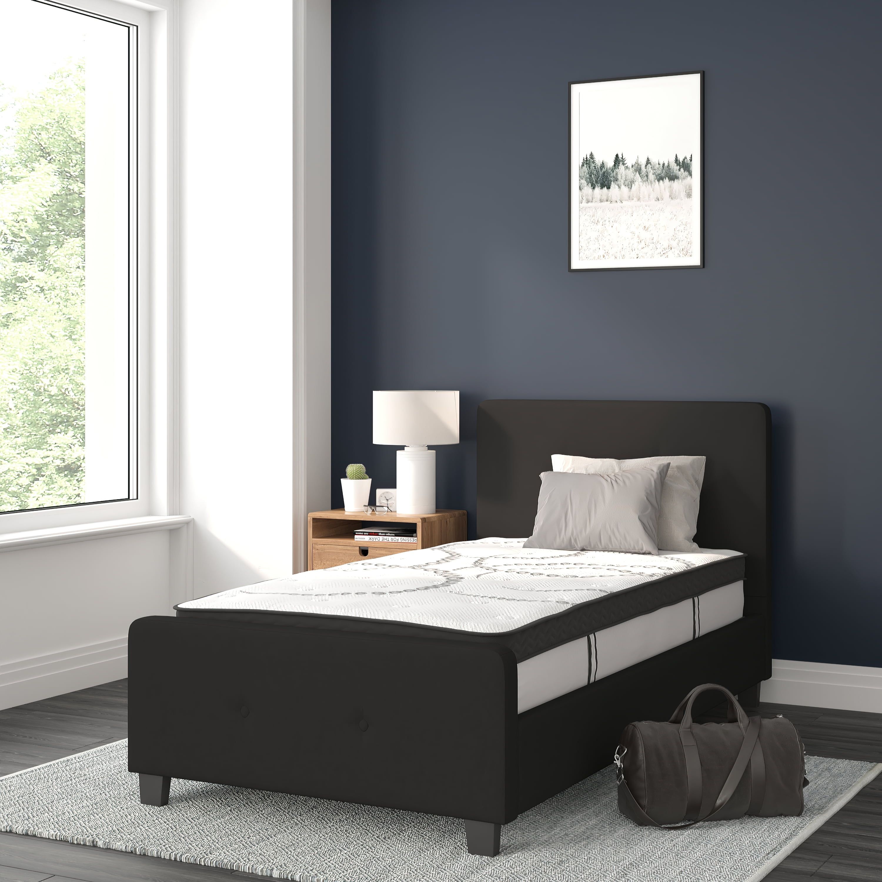 Tribeca Twin Black Upholstered Platform Bed with Tufted Headboard