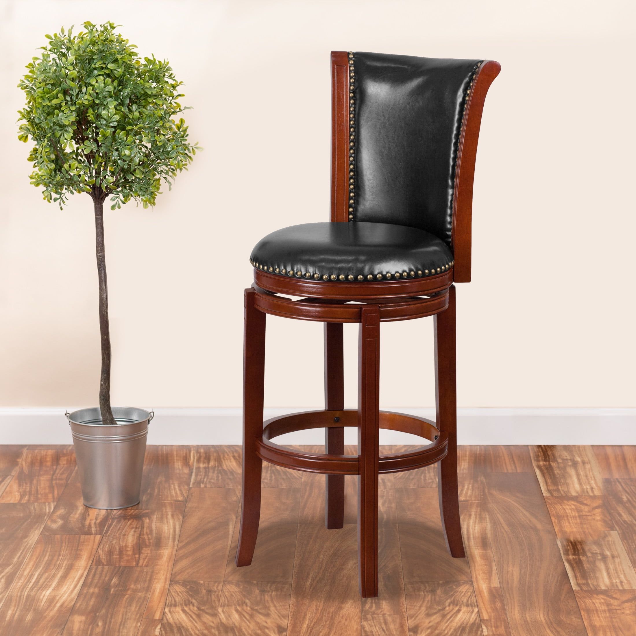 Dark Chestnut Wood Barstool with Black Leather Swivel Seat