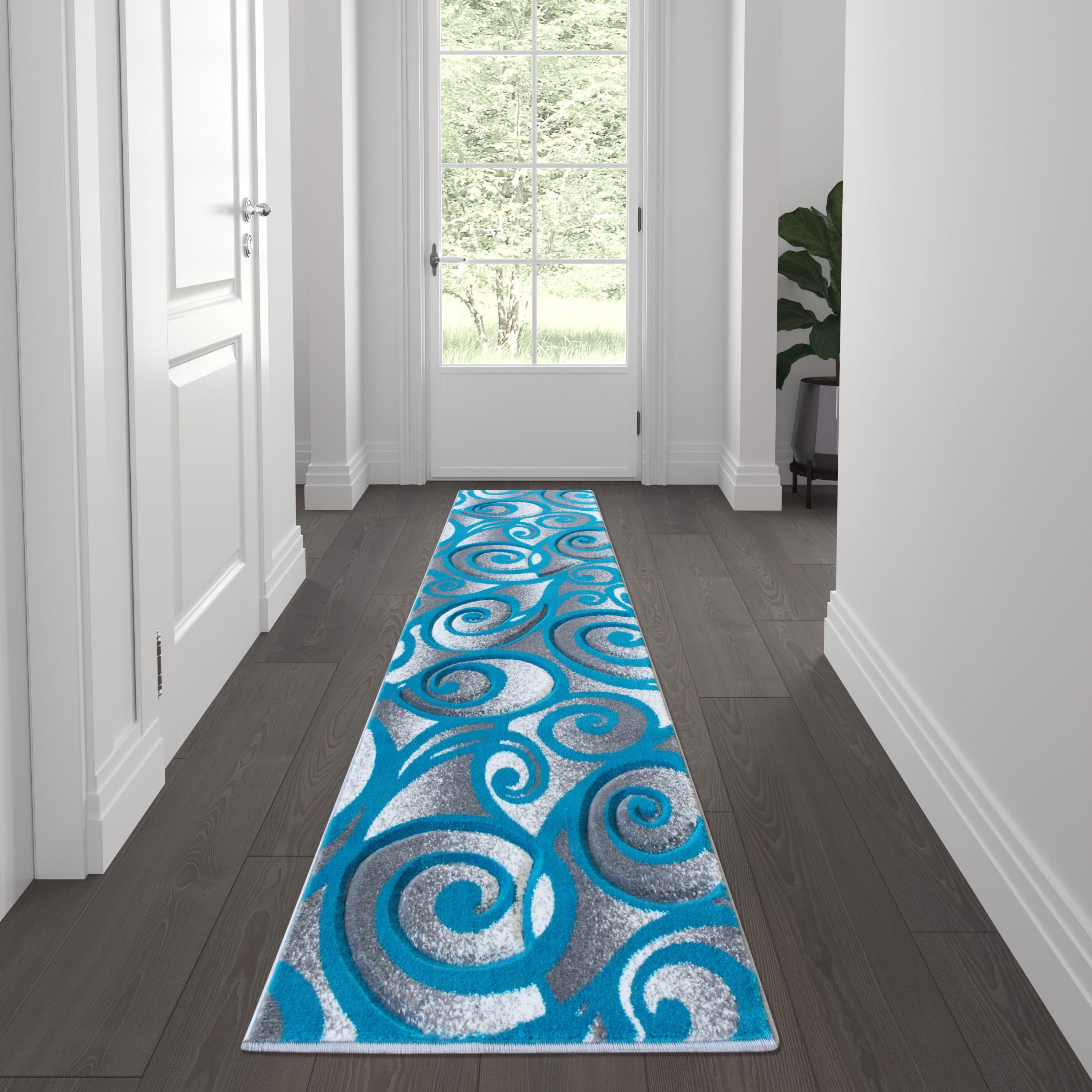 Turquoise and Gray Reversible Stain-Resistant Synthetic Runner Rug, 2' x 7'