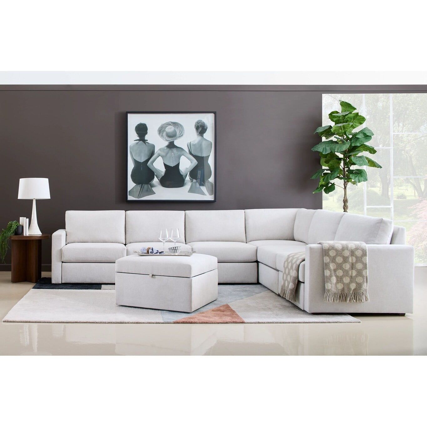 Taupe Fabric 6-Seat Sectional with Wood Frame and Track Arms