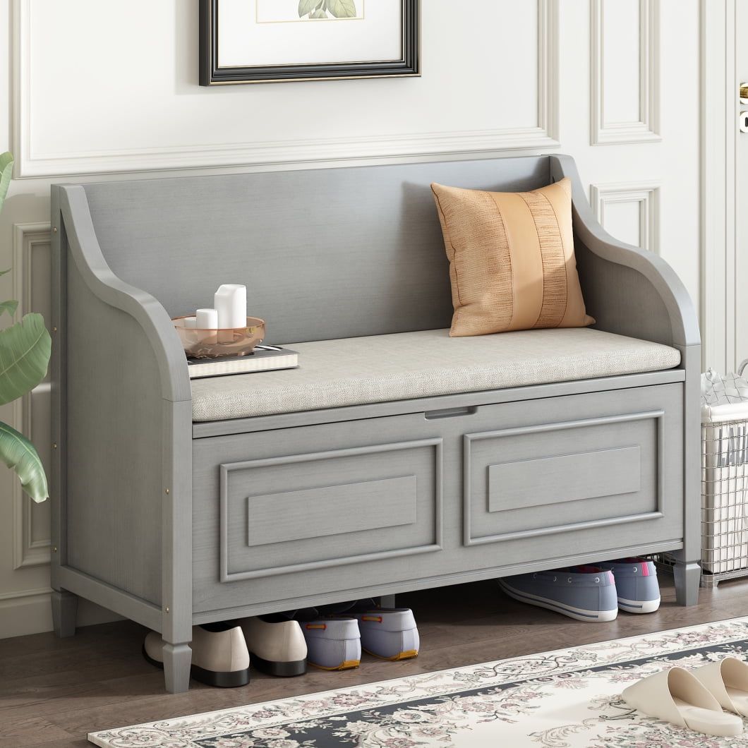 Gray Wash Solid Wood Storage Bench with Lift Top and Cushion