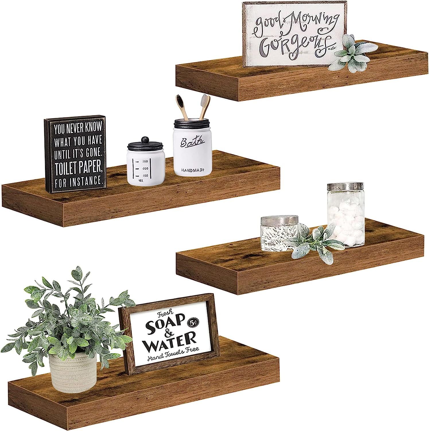 Rustic Brown MDF Floating Wall Shelves Set of 4