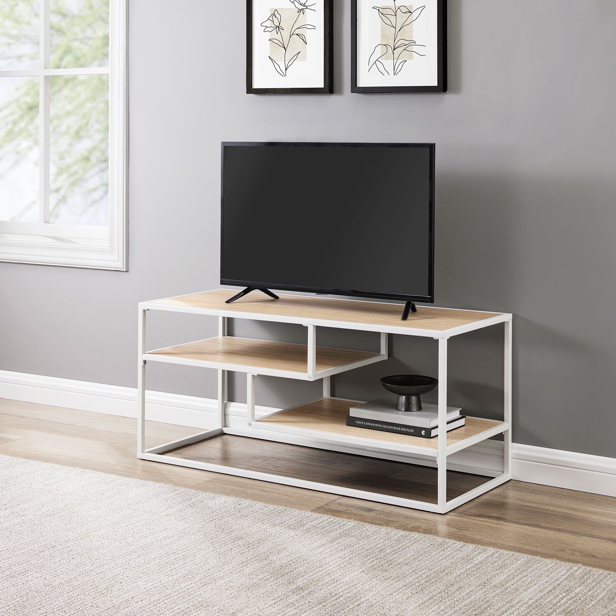 Coastal Oak and White Floating Shelf TV Stand with Cabinet
