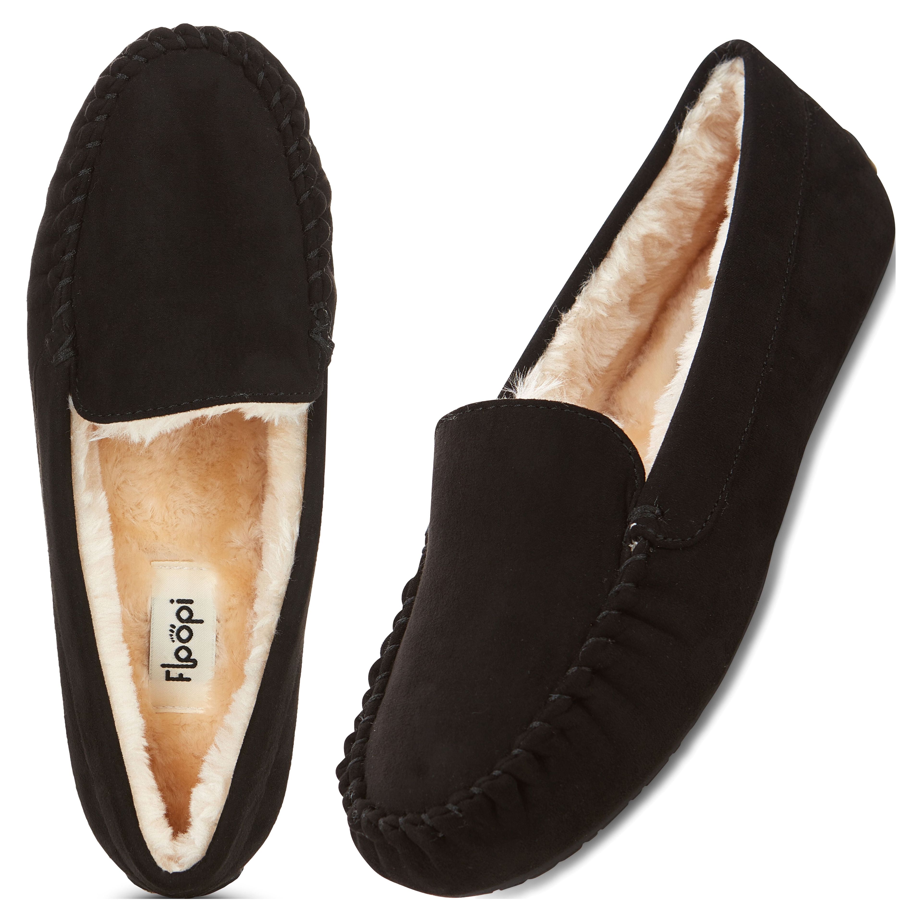 Luxe Cozy Black Faux Fur Moccasin Slippers with Memory Foam