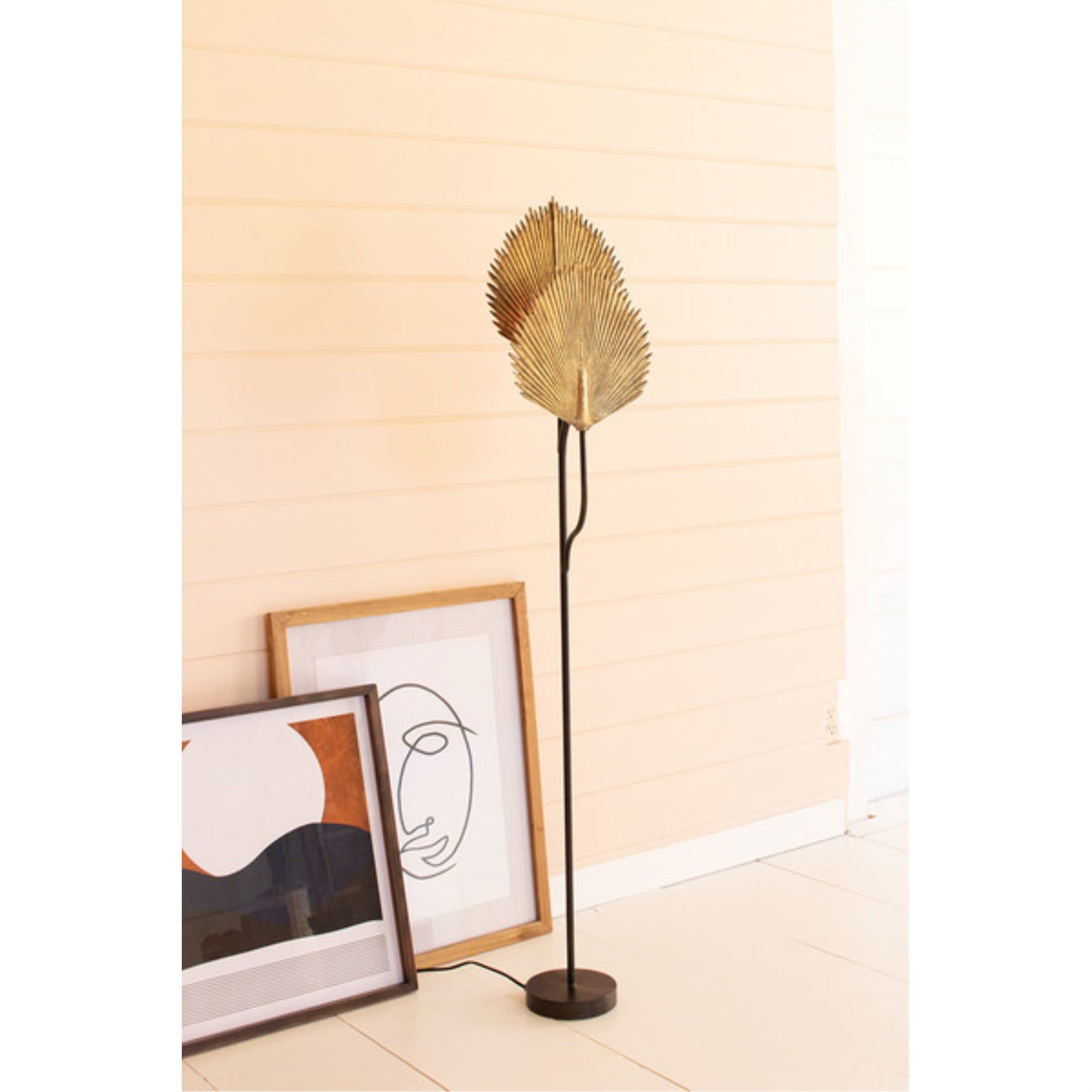 Antique Gold Leaf Detail Sculptural Black Floor Lamp