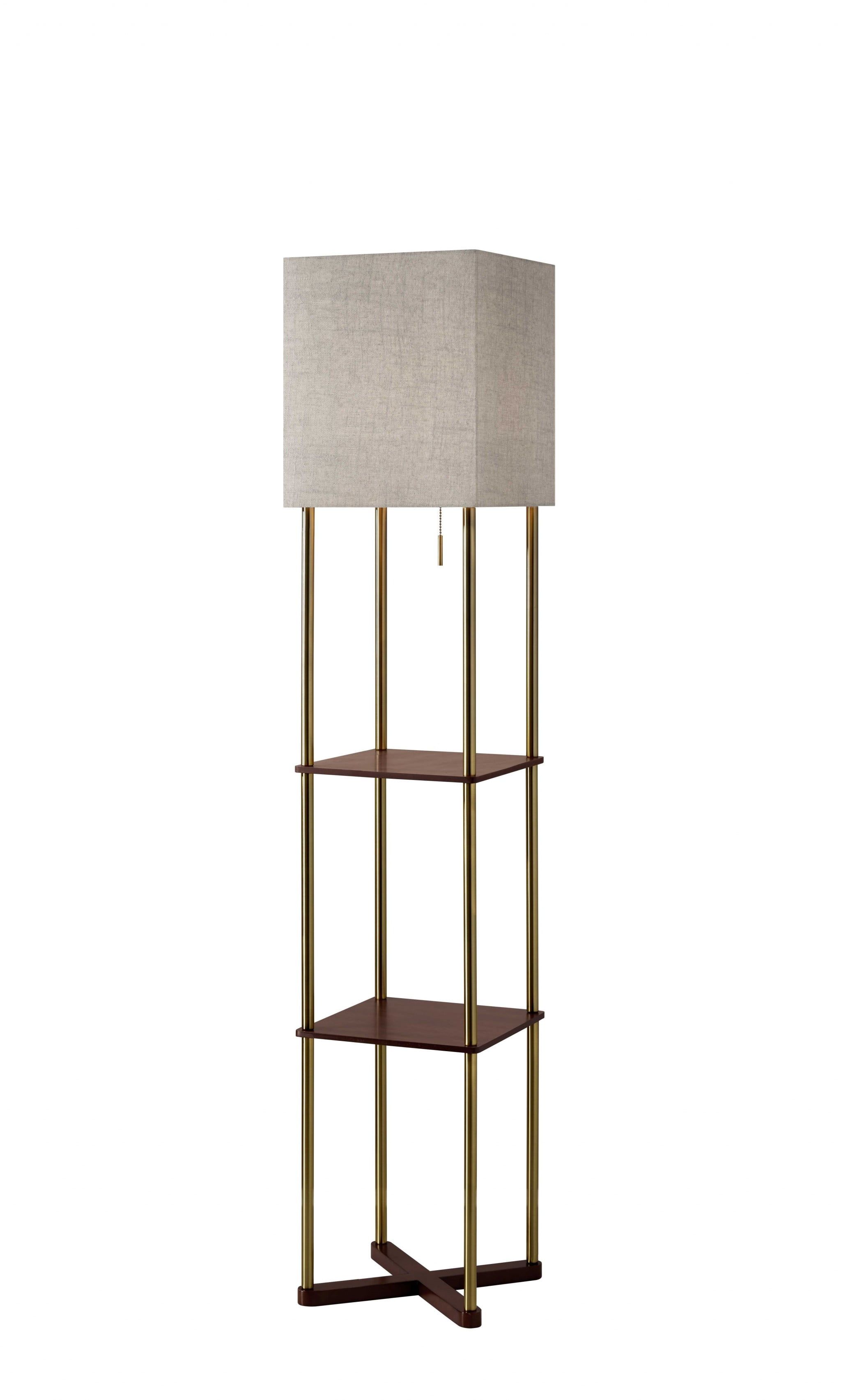 Antique Brass and Walnut Wood Shelf Floor Lamp with USB Ports