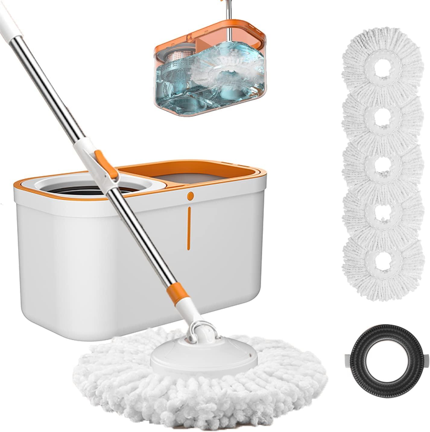 White and Orange Spin Mop and Bucket Set with Stainless Steel Handle