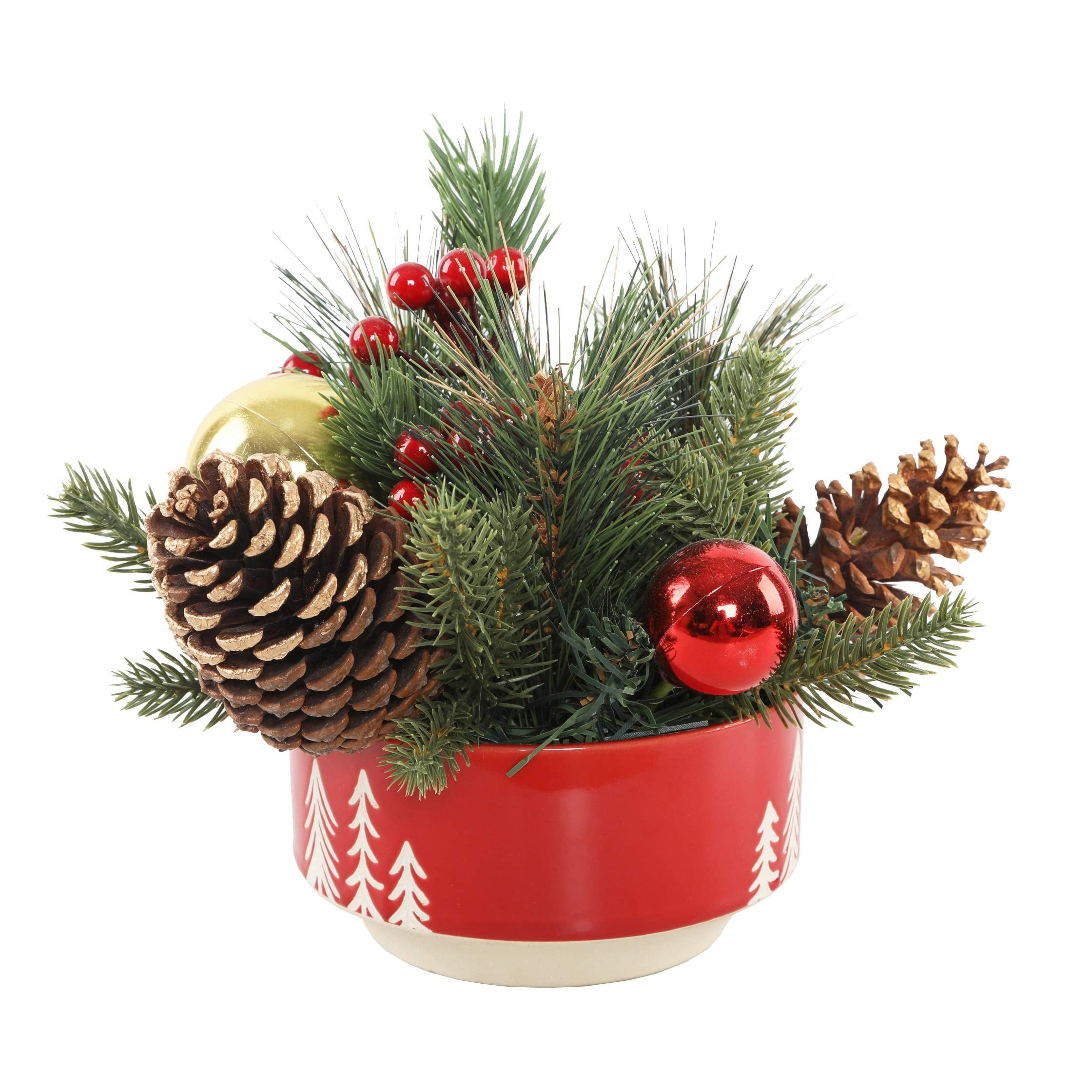 Red Ceramic Potted Christmas Pine Arrangement with Pinecones and Berries