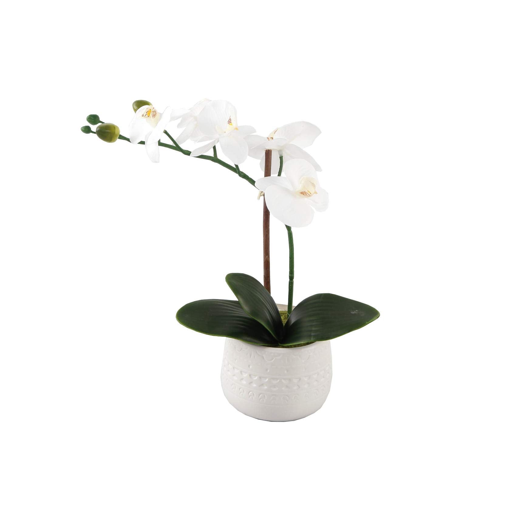 Chic 13" White Orchid & Rose Silk Floral Arrangement in Mayan Planter