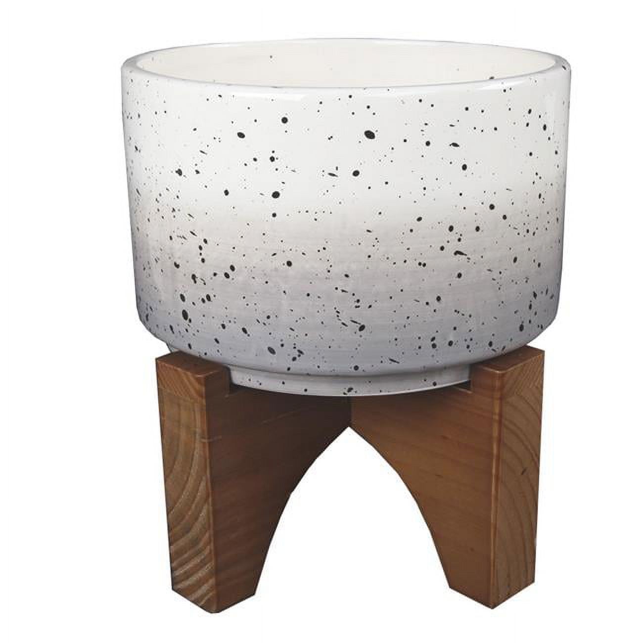 Chic Grey Ombre Ceramic Planter with Wooden Stand, 7.5" Round