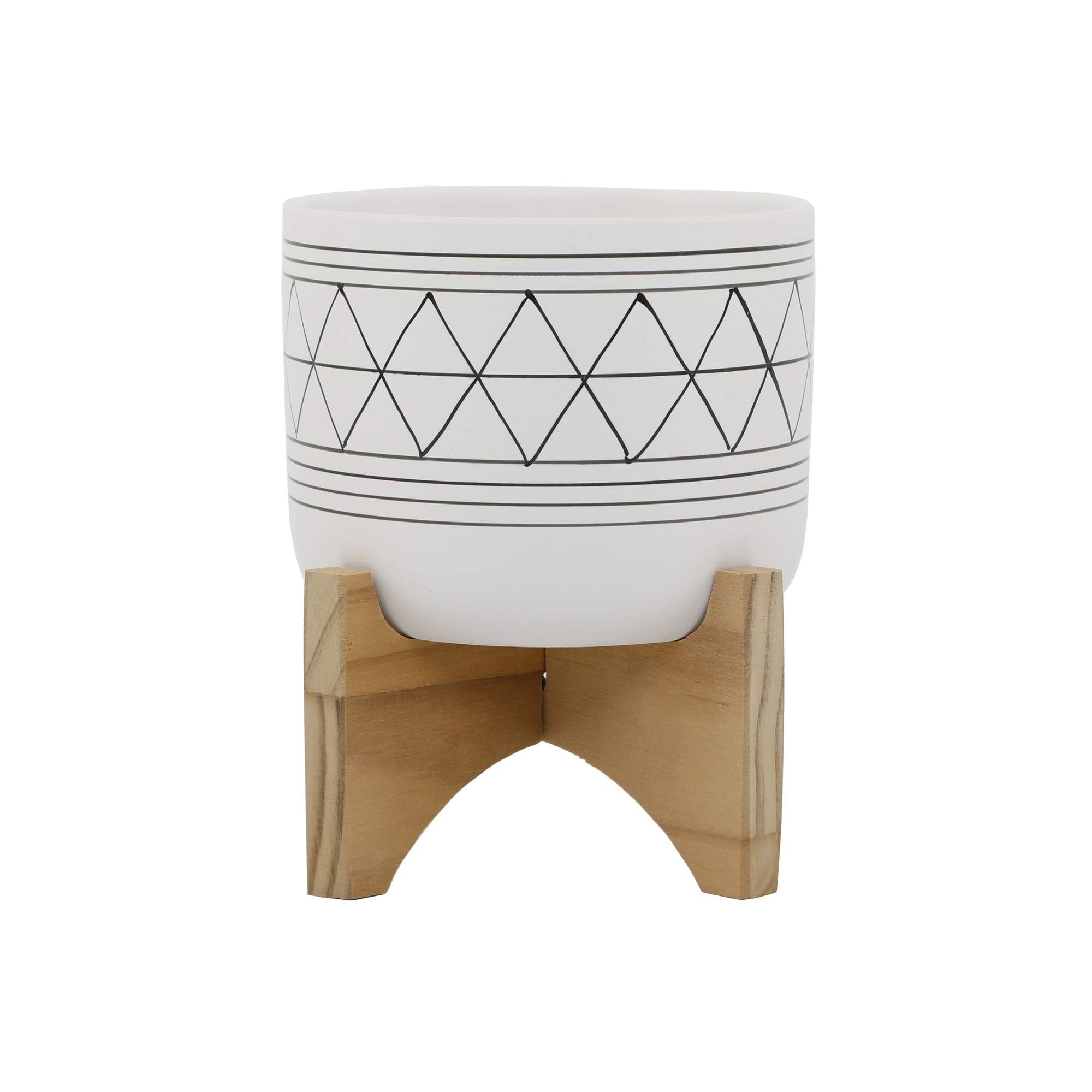 Mid-Century Modern 5" White & Black Ceramic Planter with Wood Stand