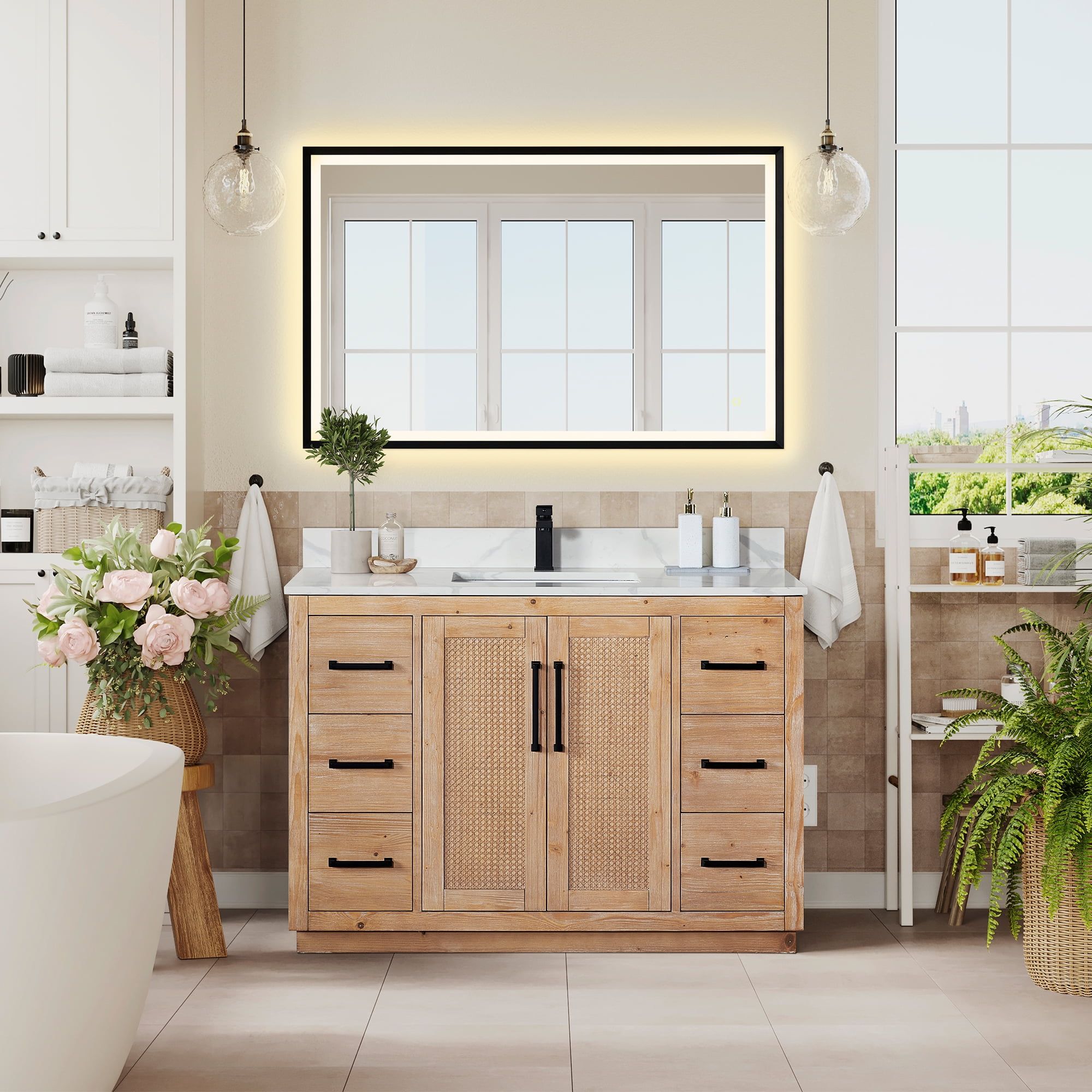 Altair 48" Light Brown Fir Wood Bathroom Vanity with Calacatta Quartz Top