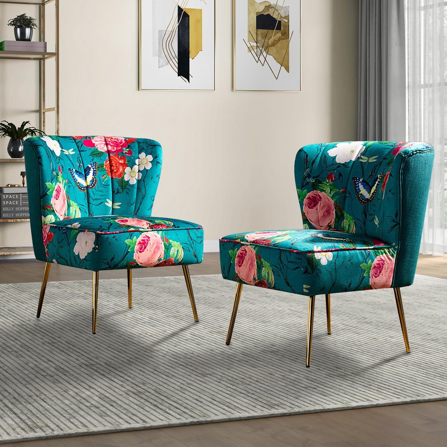 Blue Floral Upholstered Accent Chairs with Golden Legs, Set of 2