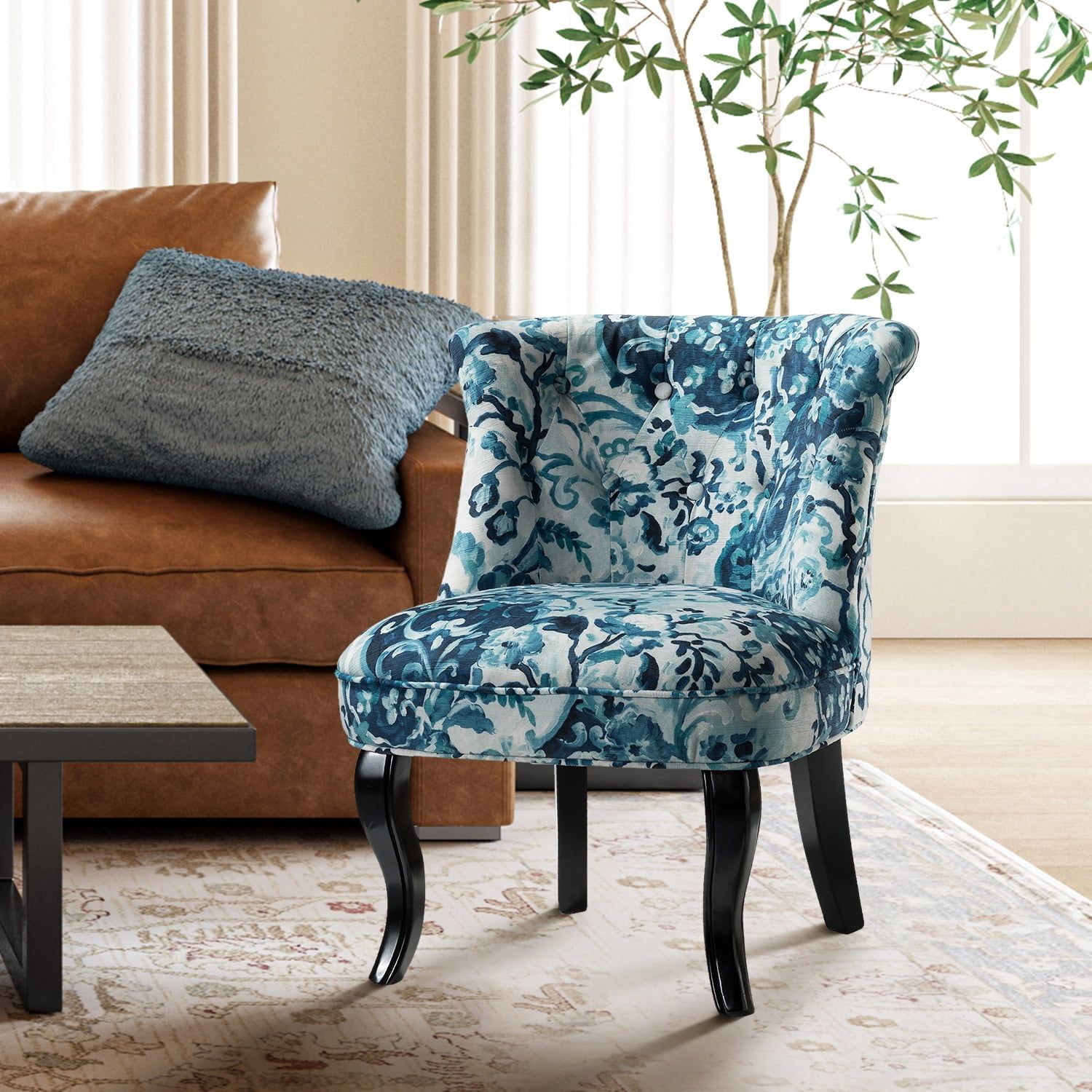 Indigo Floral Velvet Accent Chair with Black Wooden Legs