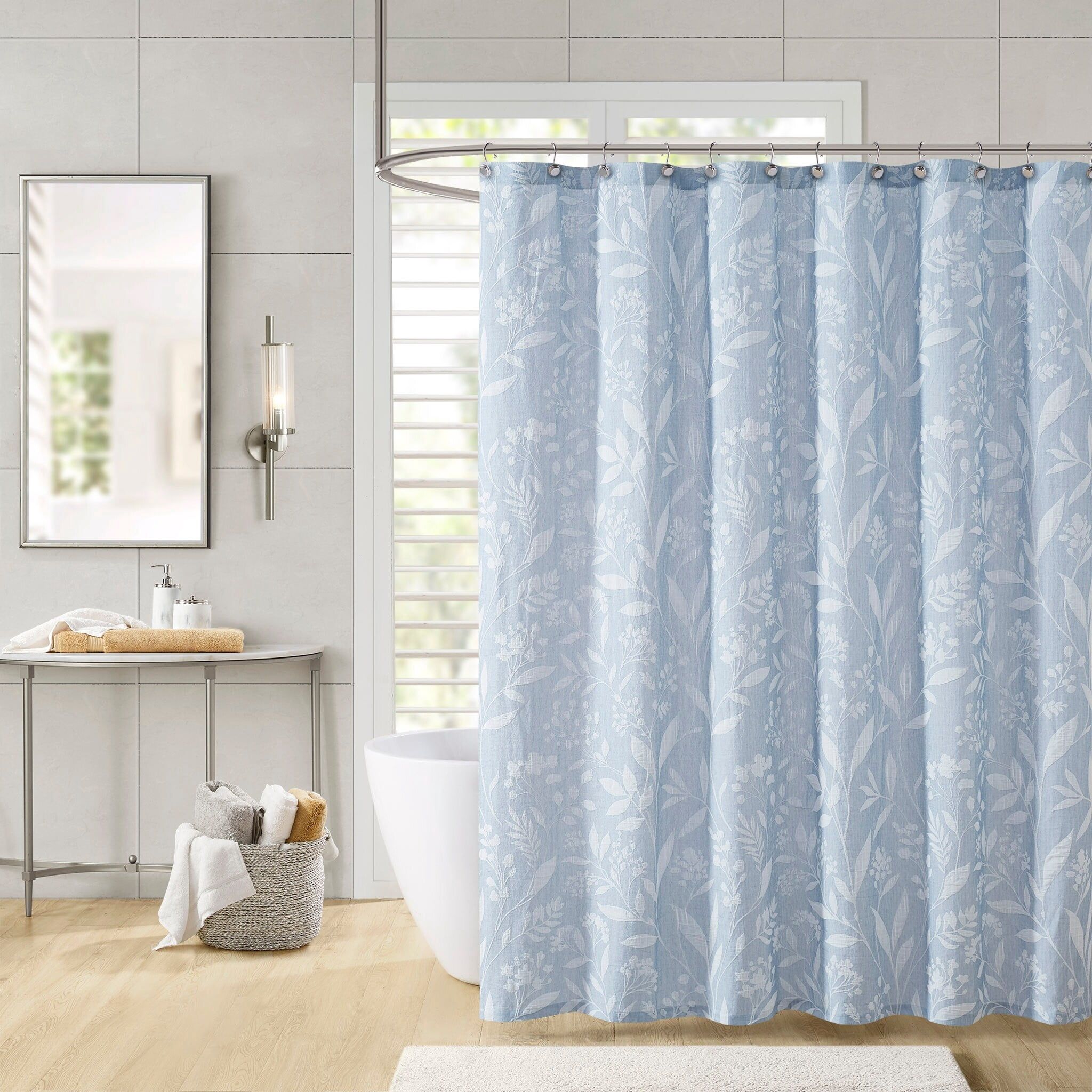 Elegant Blue Floral Cotton Shower Curtain, 72" x 72"