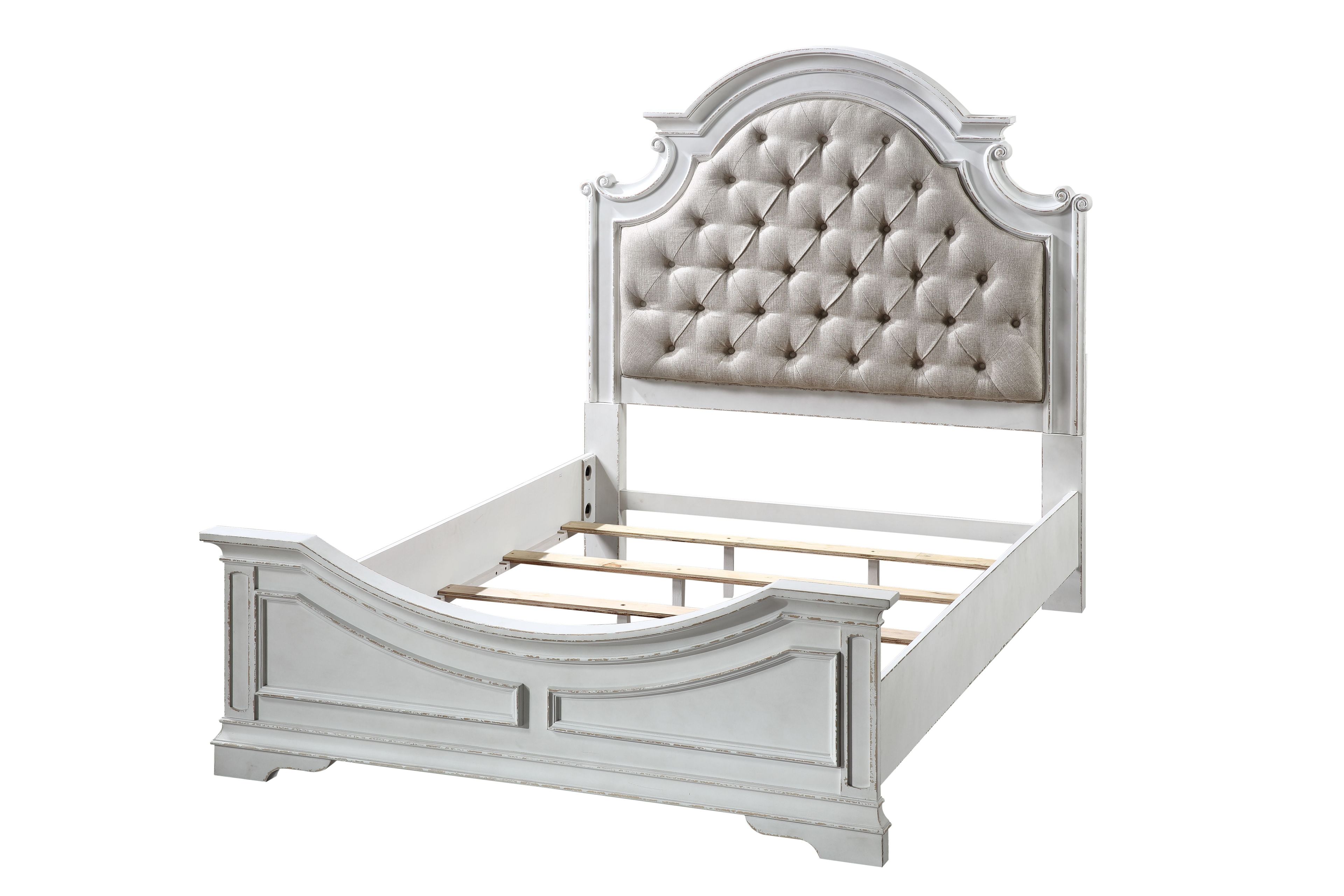 Florian Queen Upholstered Faux Leather Bed with Tufted Headboard, Beige & Antique White