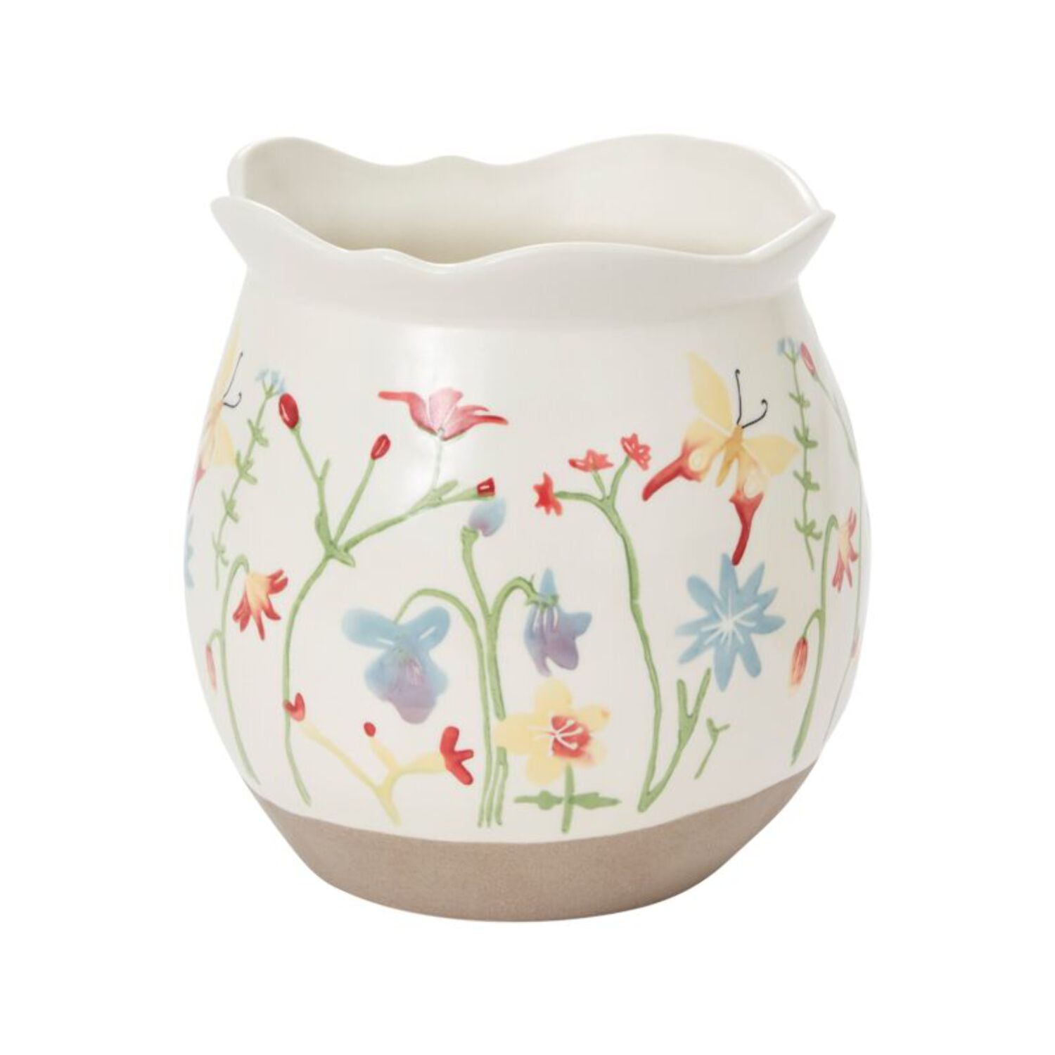 Large Creamy Ceramic Planter with Floral Design