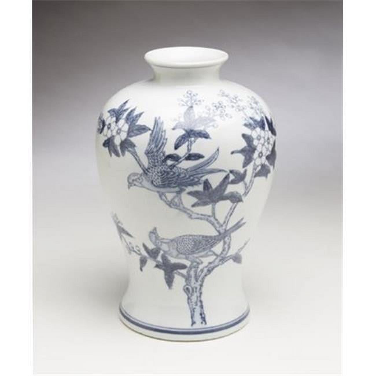 Blue and White Porcelain Vase with Bird and Leaf Design