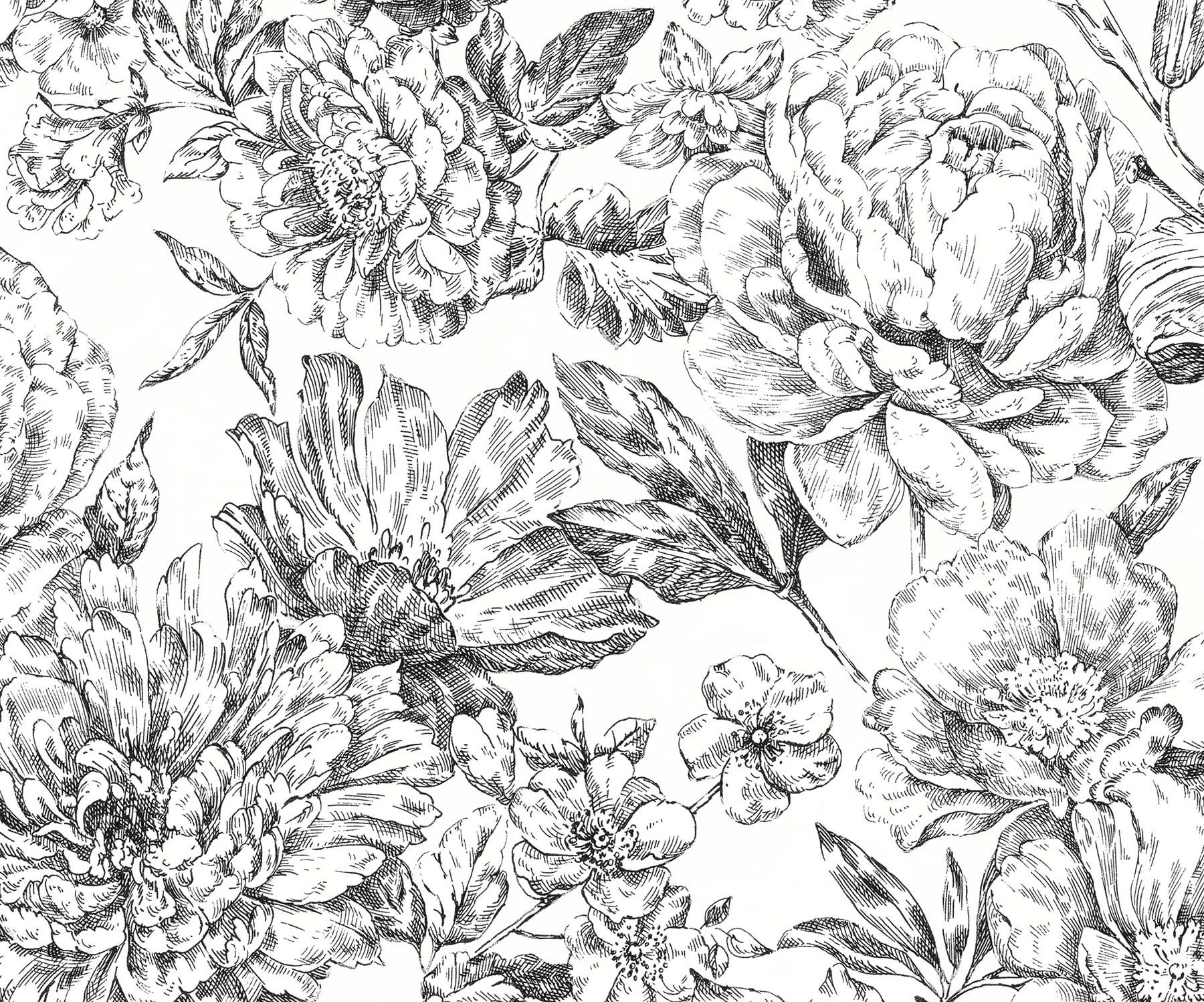 White and Charcoal Floral Sketch Wall Mural