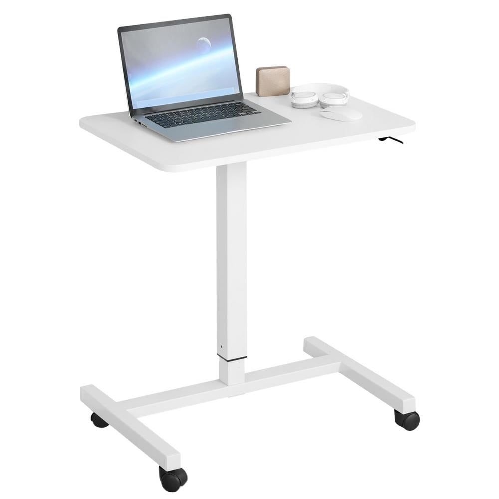 White Adjustable Height Mobile Laptop Cart with Wood Top