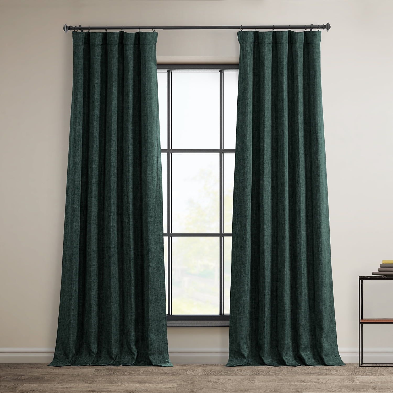 Focal Green Faux Linen Room Darkening Ground Length Drapes