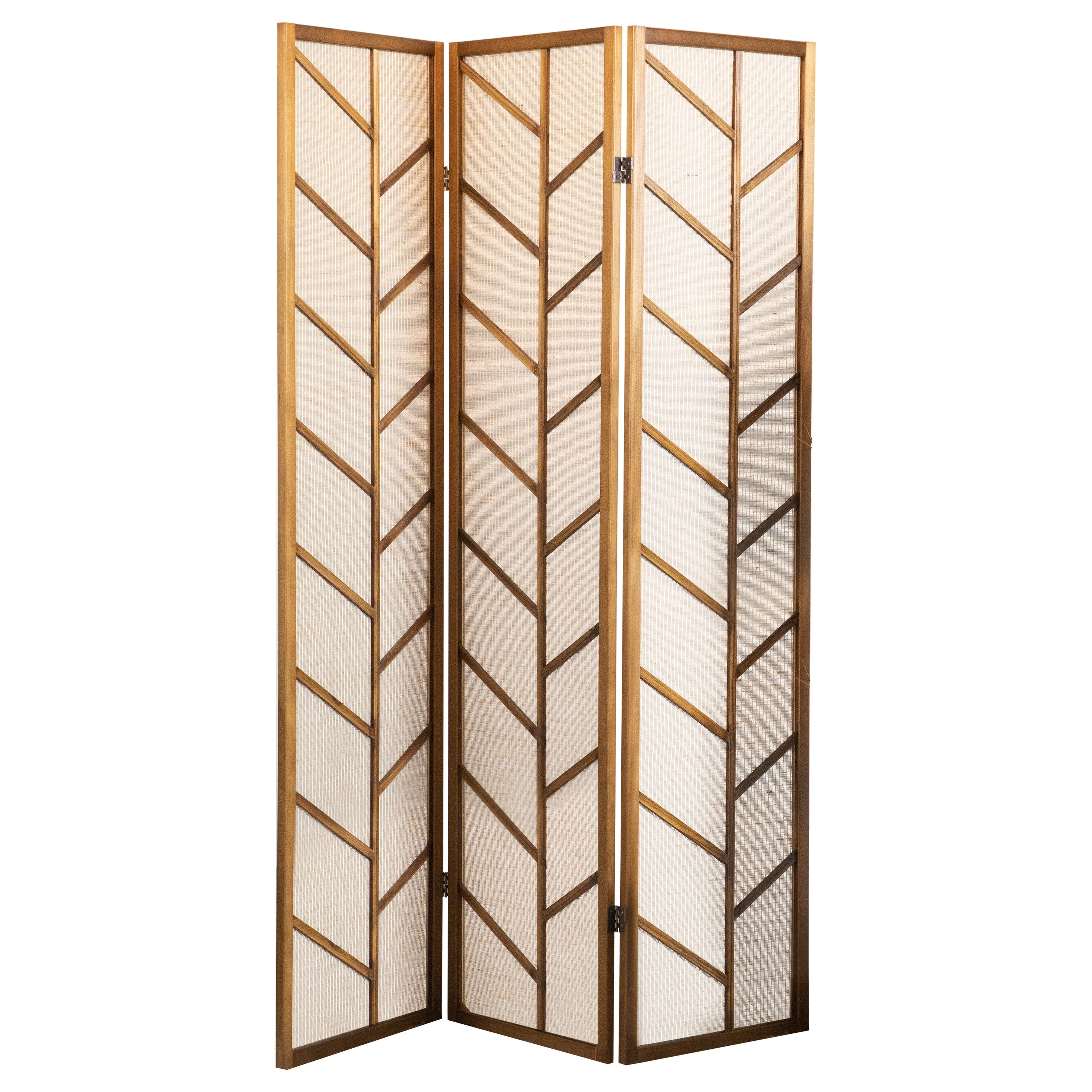 Walnut and Cream 3-Panel Folding Screen with Jute Linen