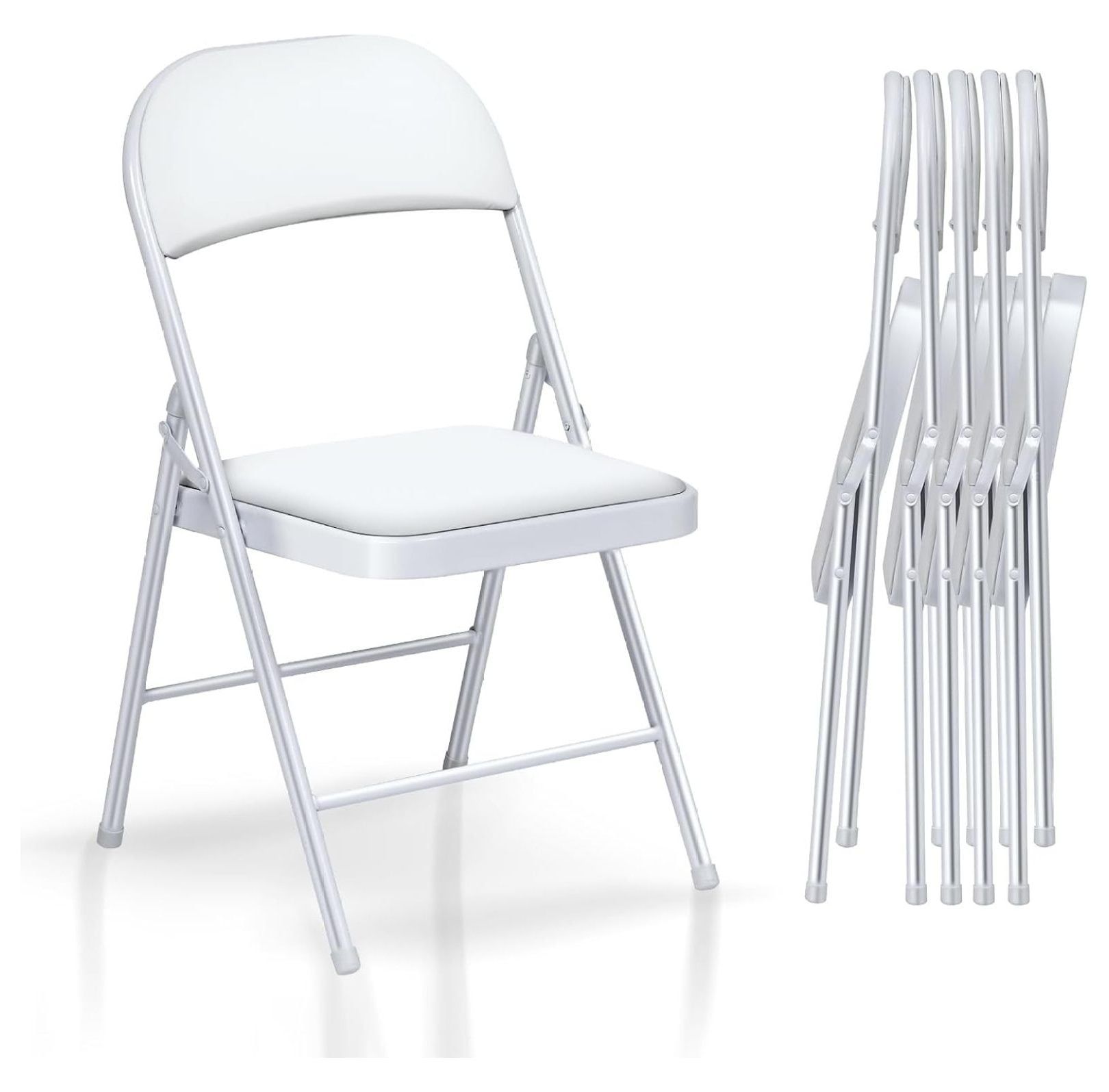 White Folding Chairs with Padded Seats and Steel Frame - Set of 6