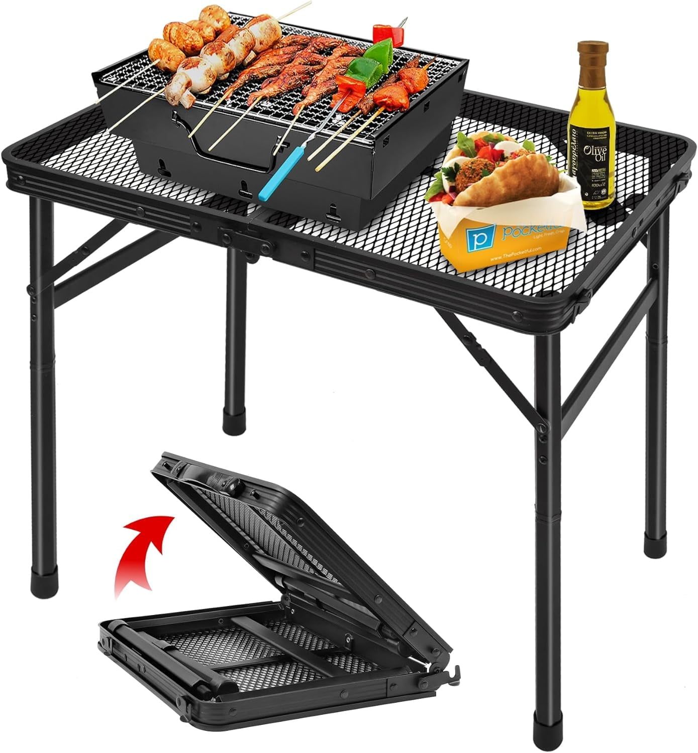 Black Adjustable Folding Grill Table with Mesh Desktop