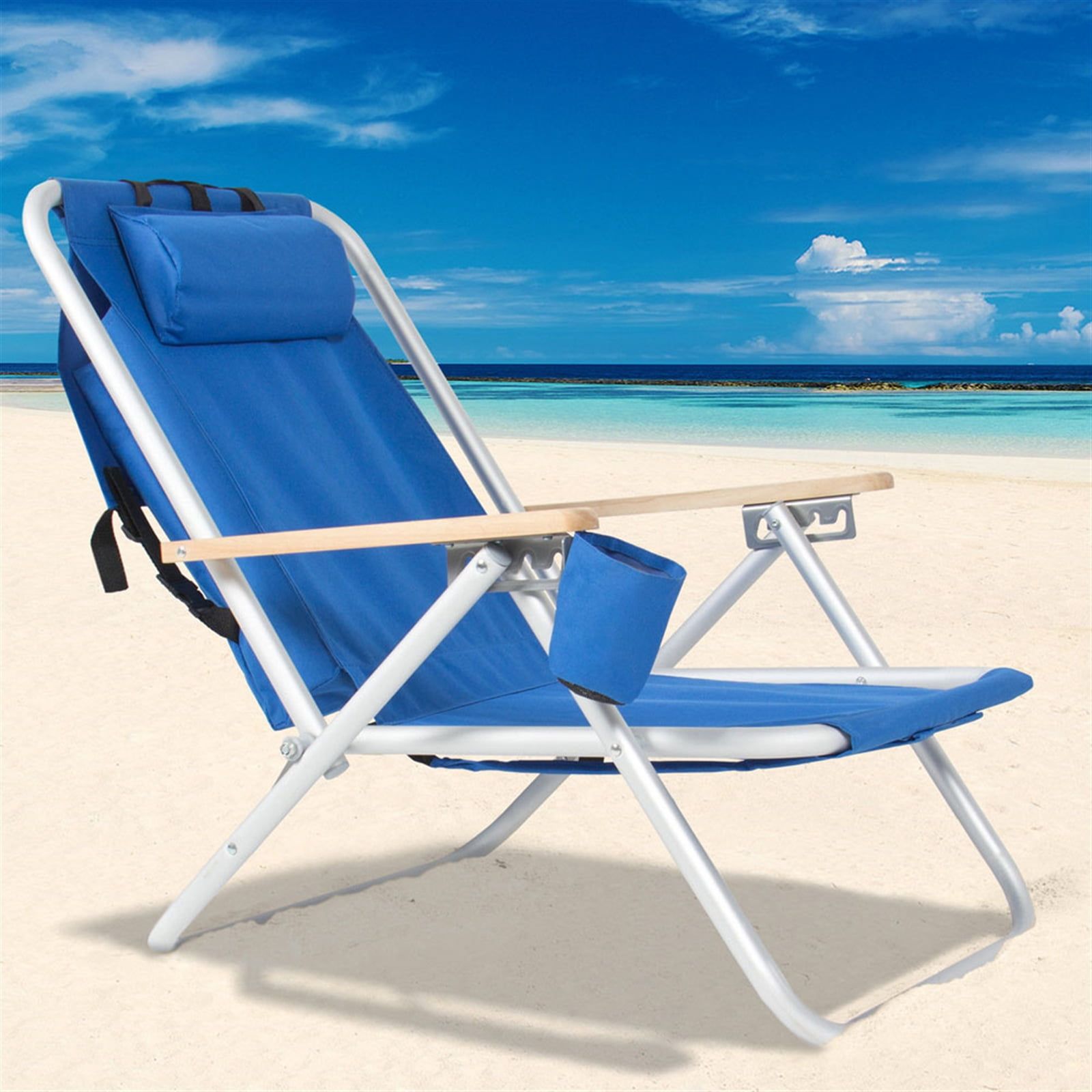 Blue Portable Beach Chair with Adjustable Headrest and Armrests