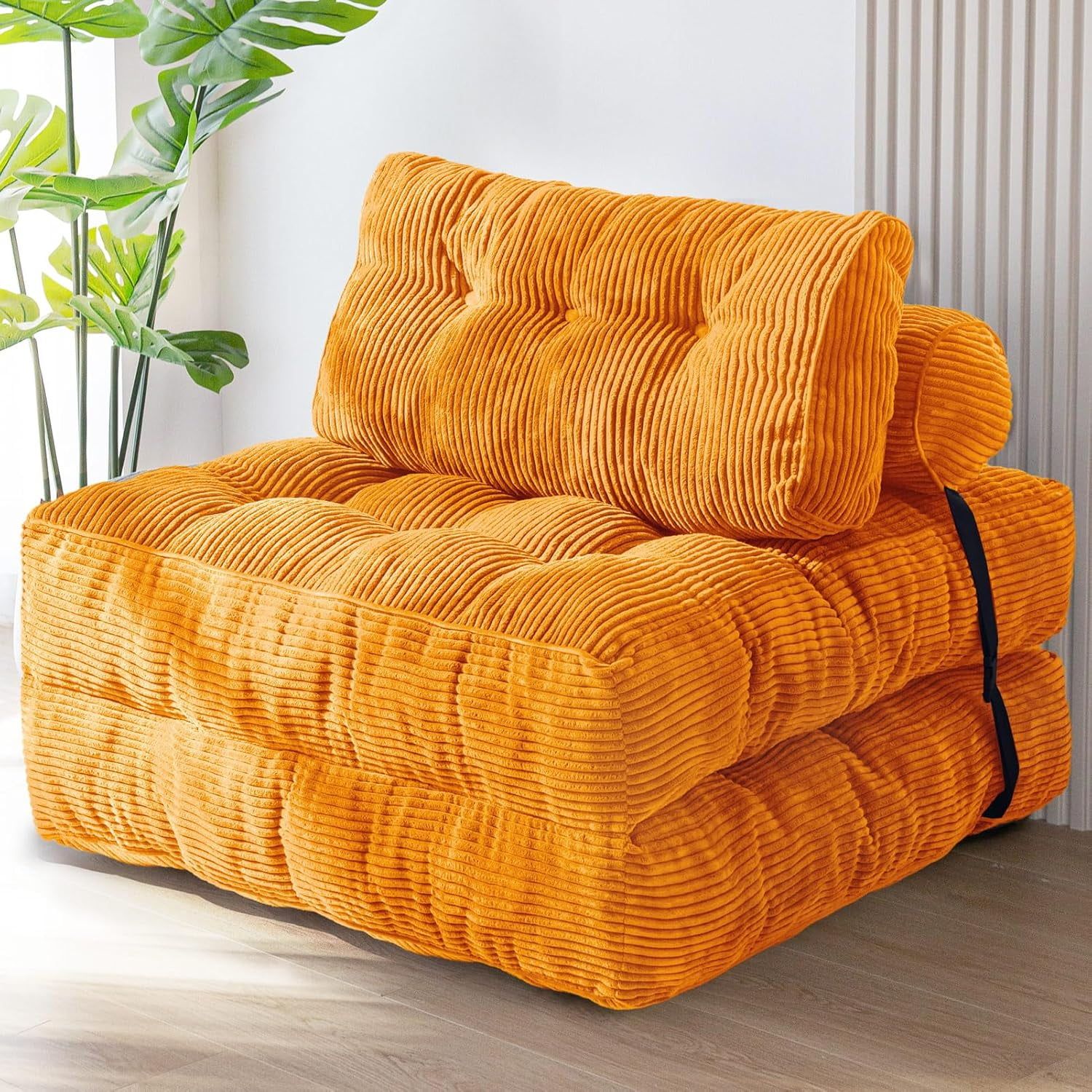 Orange Corded Fabric Convertible Folding Sofa Bed with Back Support