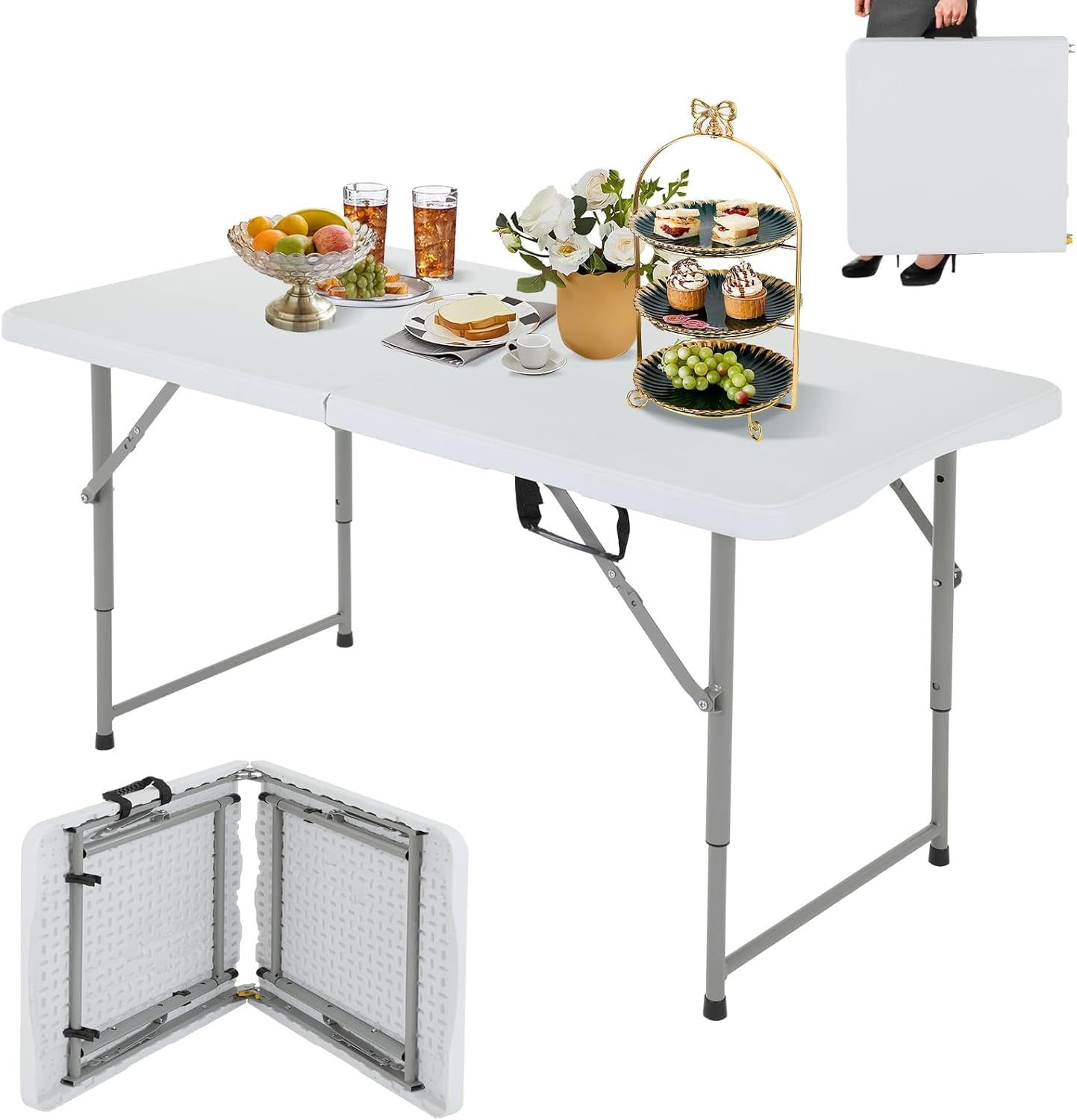 White 4' Portable Folding Picnic Table with Steel Legs