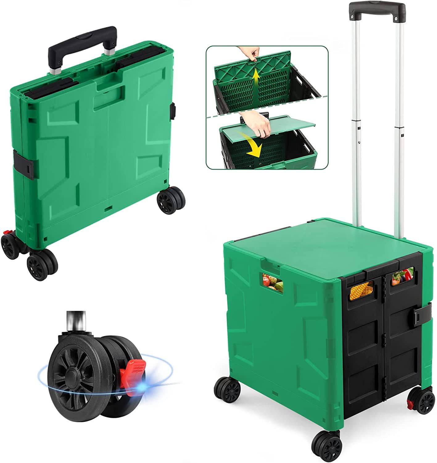 Dark Green and Black Foldable Utility Cart with Rubber Wheels