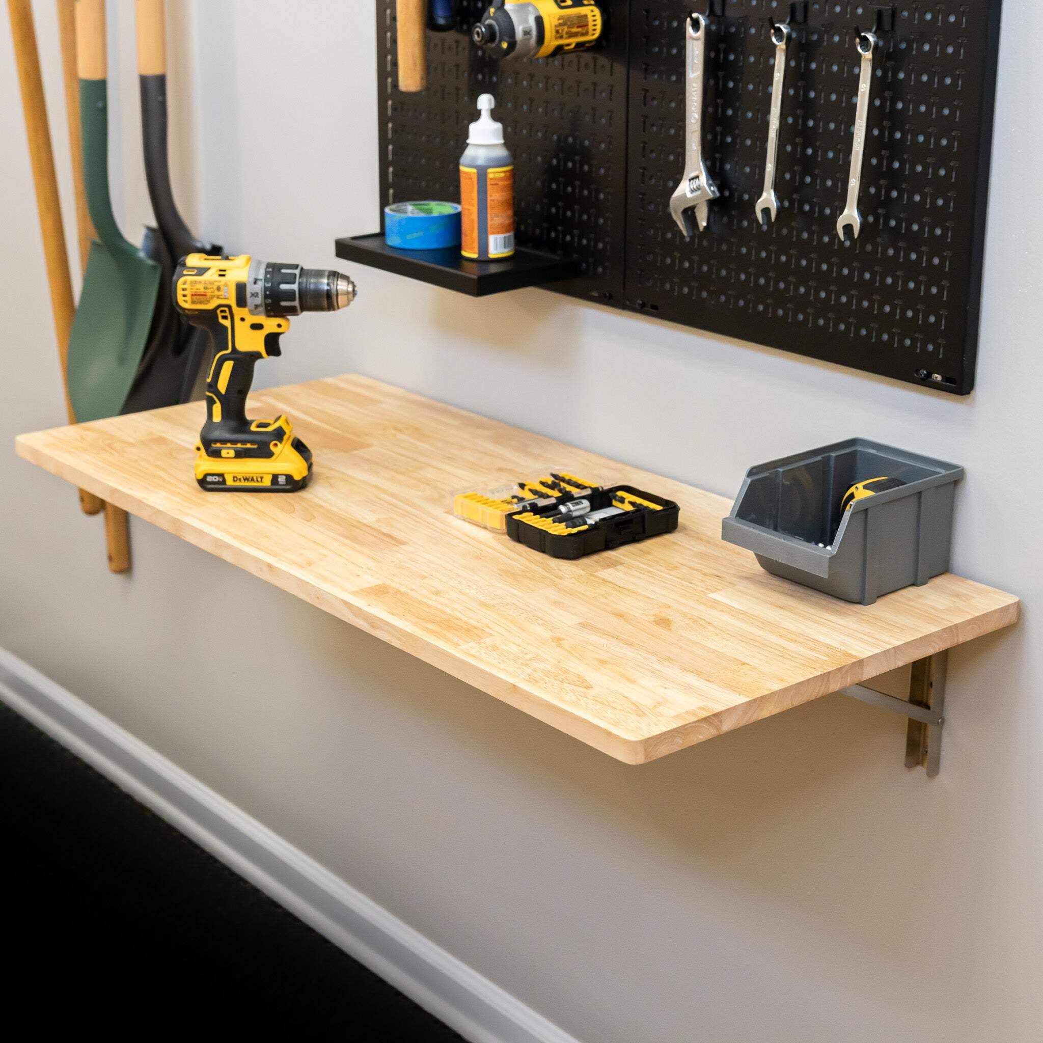 Natural Wood Foldable Wall-Mounted Workbench with Stainless Steel Frame