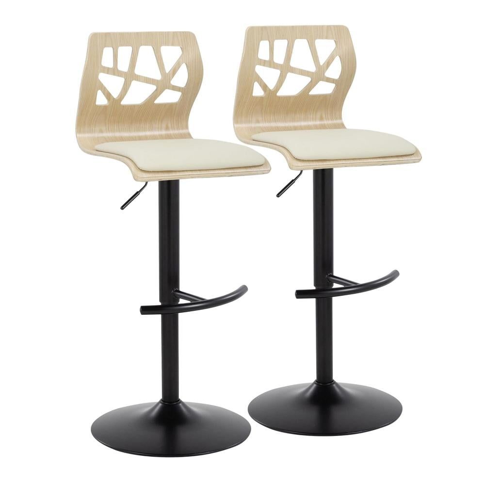 Adjustable Natural Wood and Cream Faux Leather Swivel Bar Stools