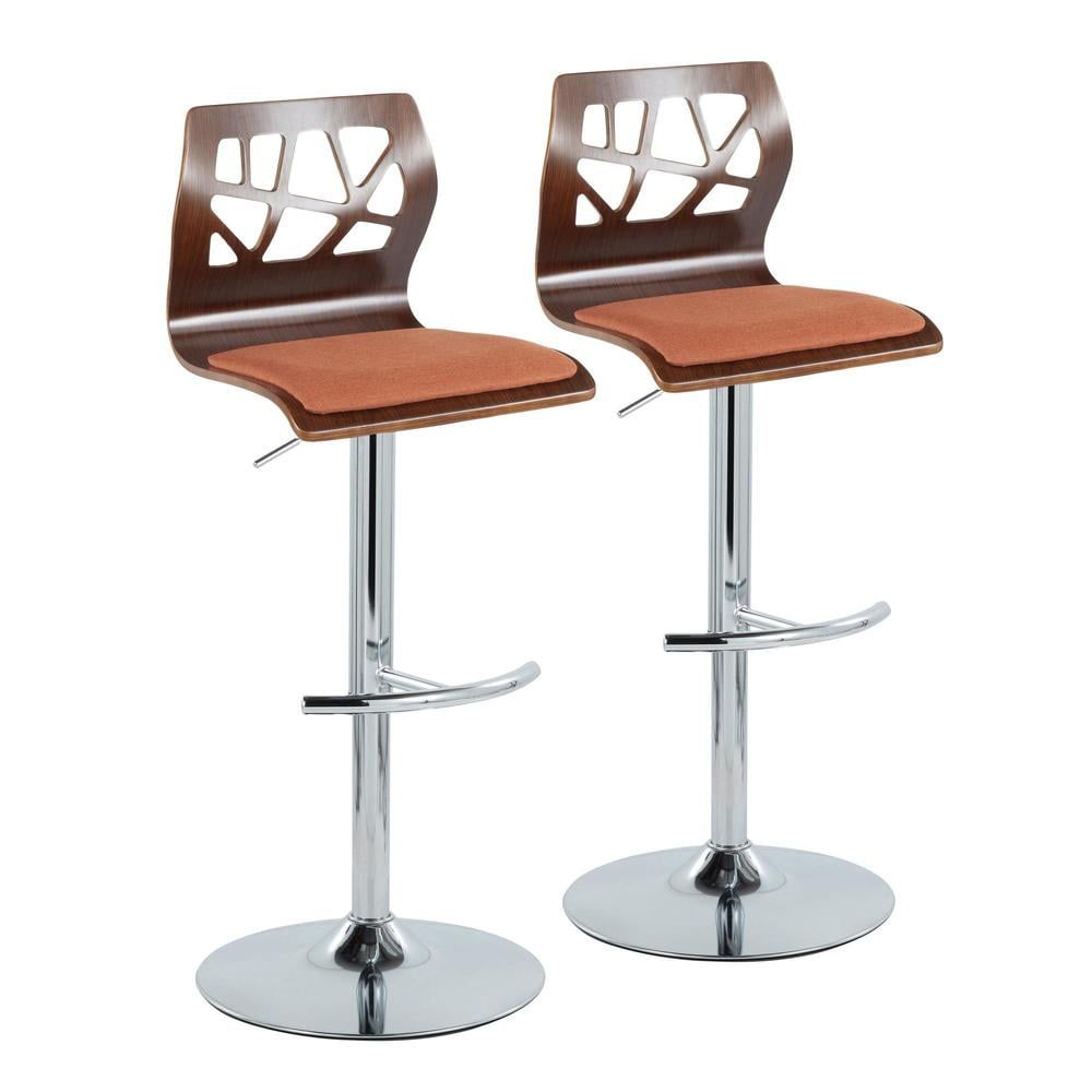 Walnut Wood and Orange Fabric Adjustable Swivel Barstool