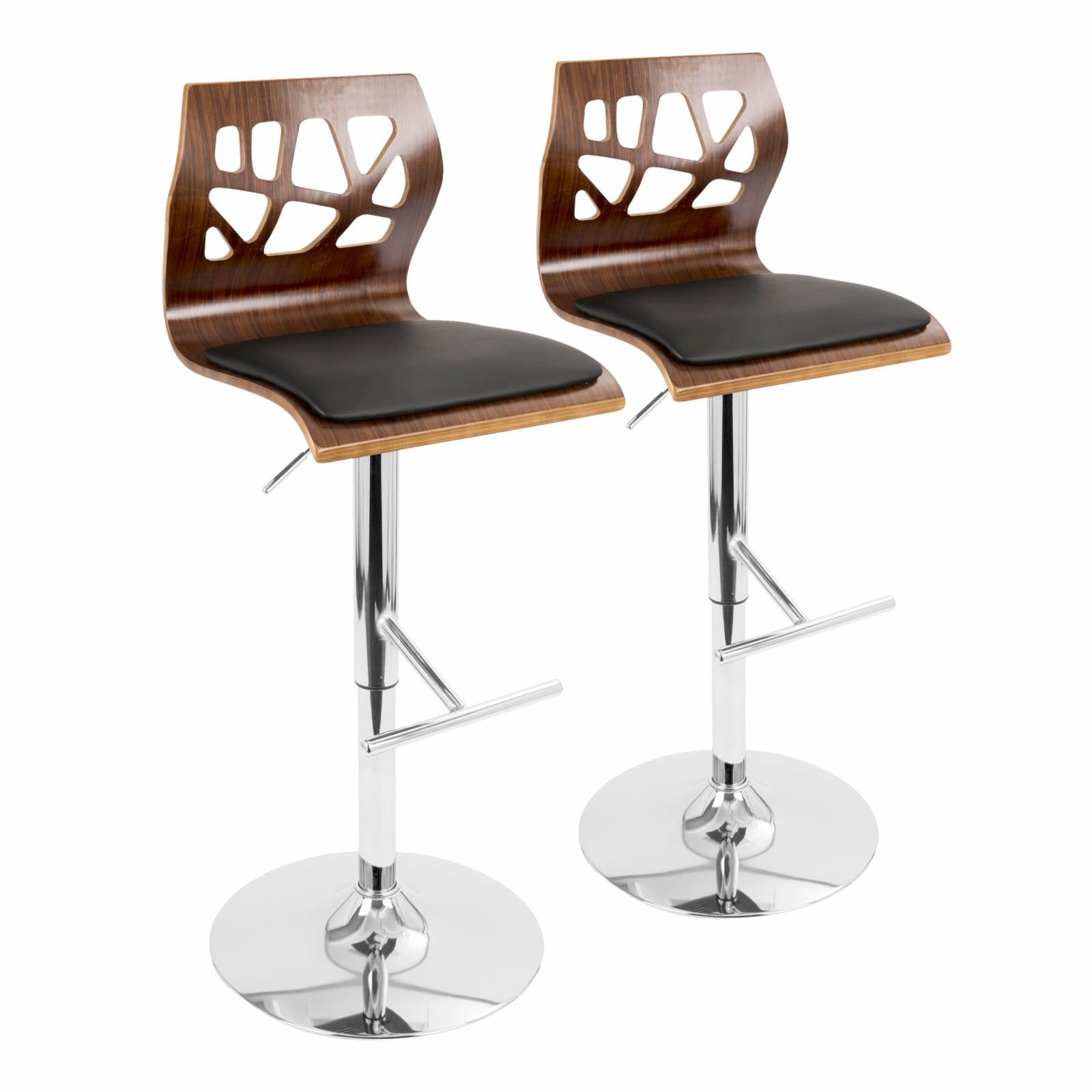 Adjustable Swivel Barstool in Black Leather and Walnut