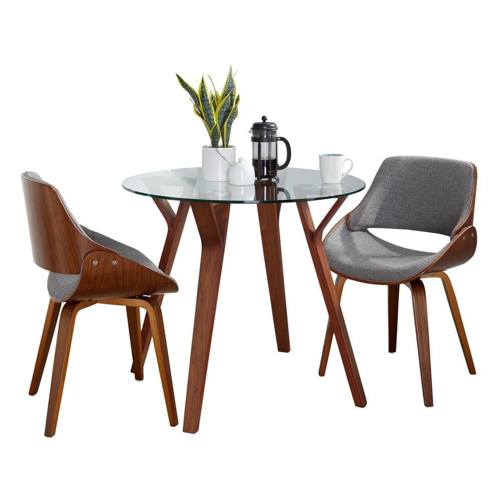 Folia Round Walnut and Glass Dining Set with Gray Chairs