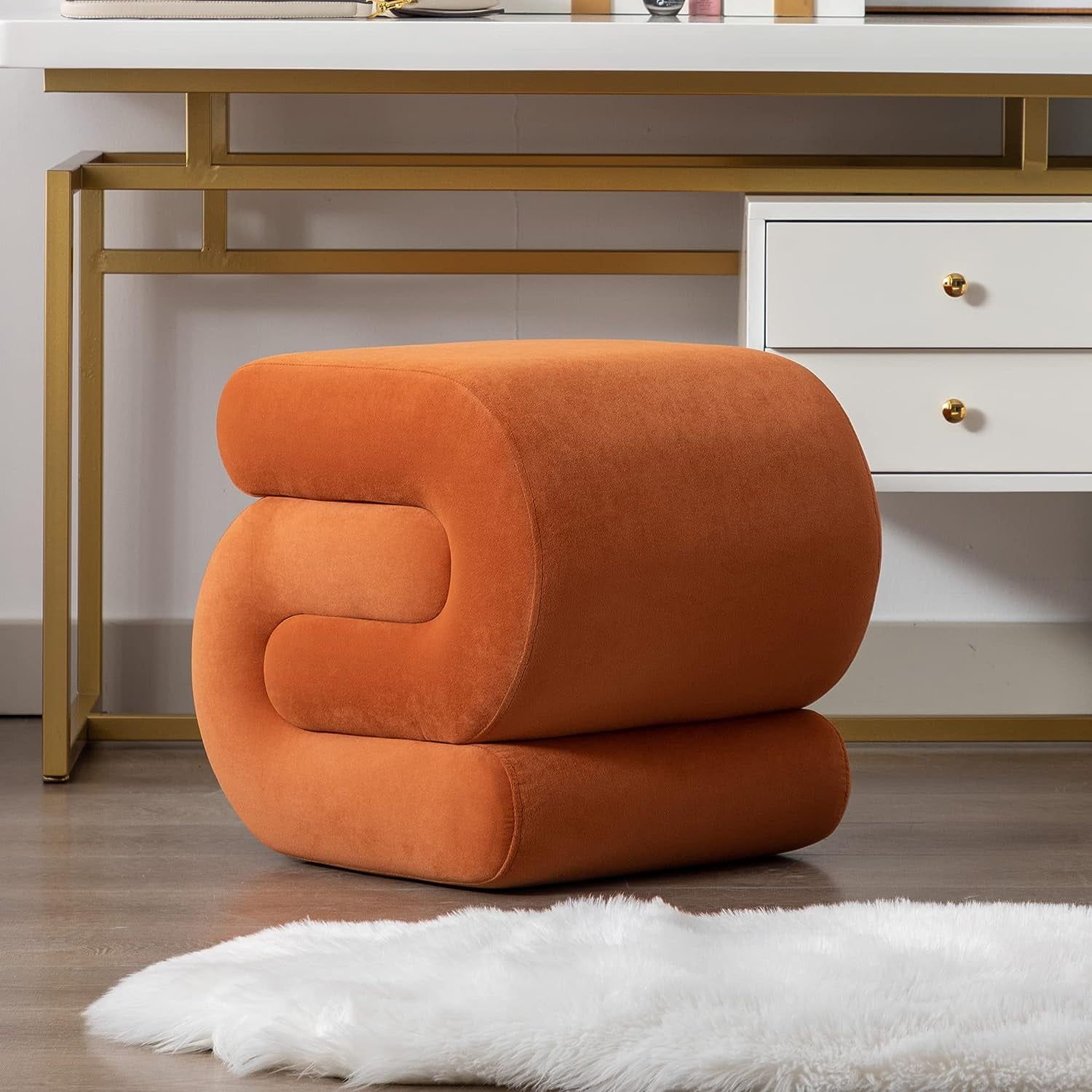 Orange Velvet S-Shape Upholstered Foot Stool