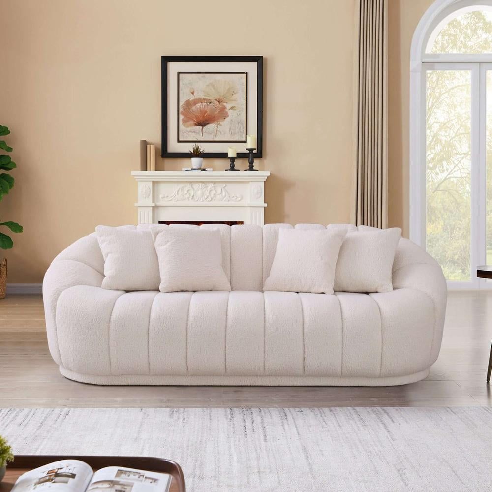 Elegant White Microfiber Tufted Sofa with Round Wood Arms