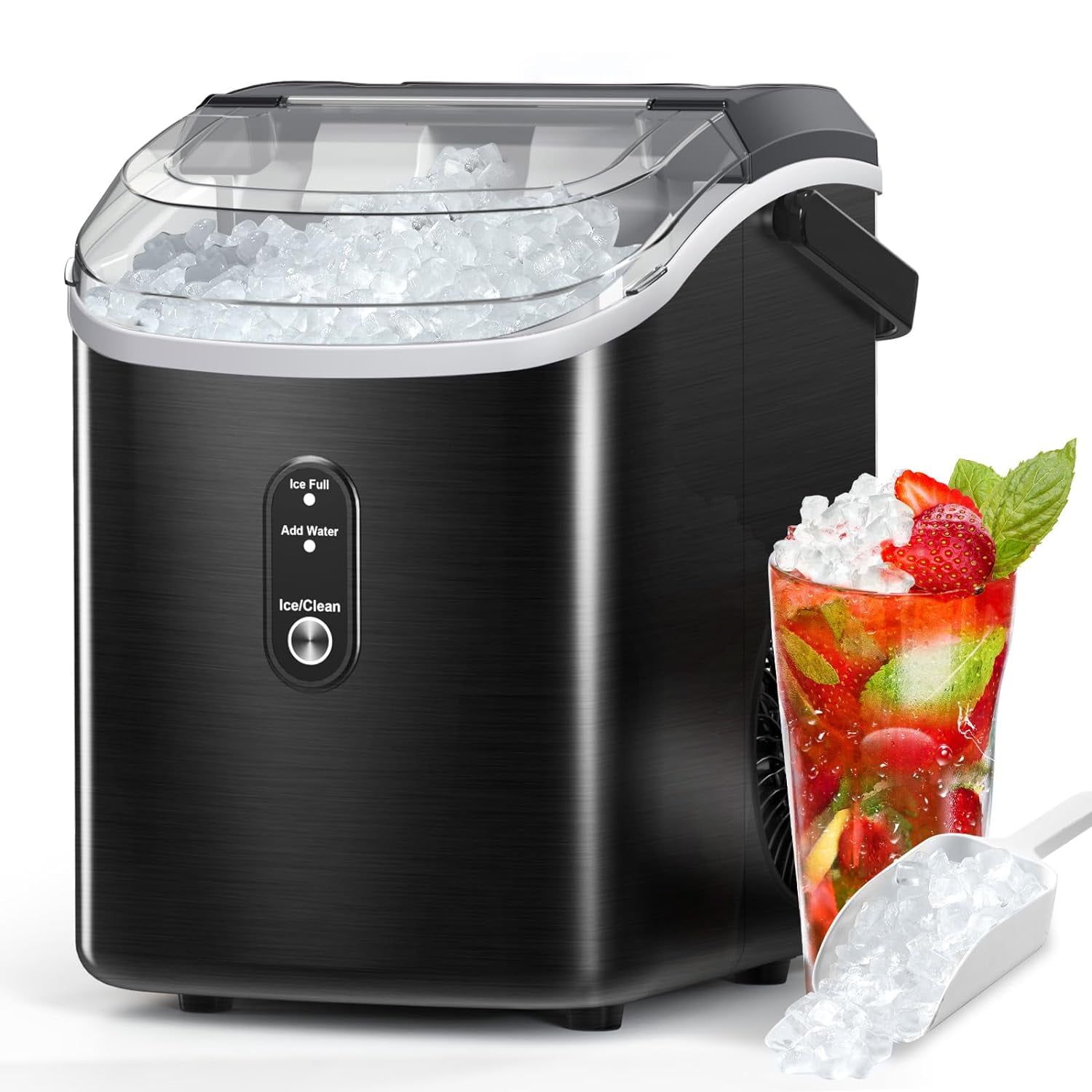 Black Stainless Steel Portable Nugget Ice Maker with Self-Cleaning