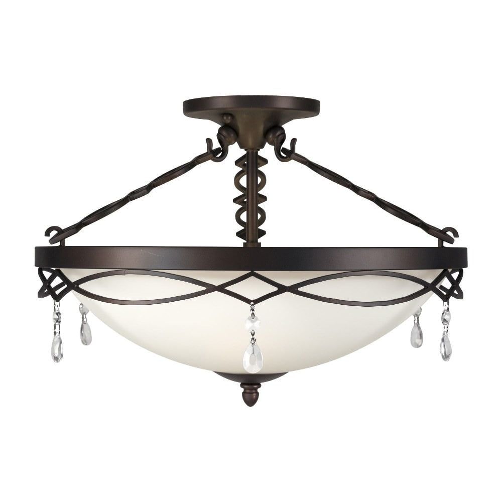 Antique Bronze and Glass 3-Light Semi-Flush Mount