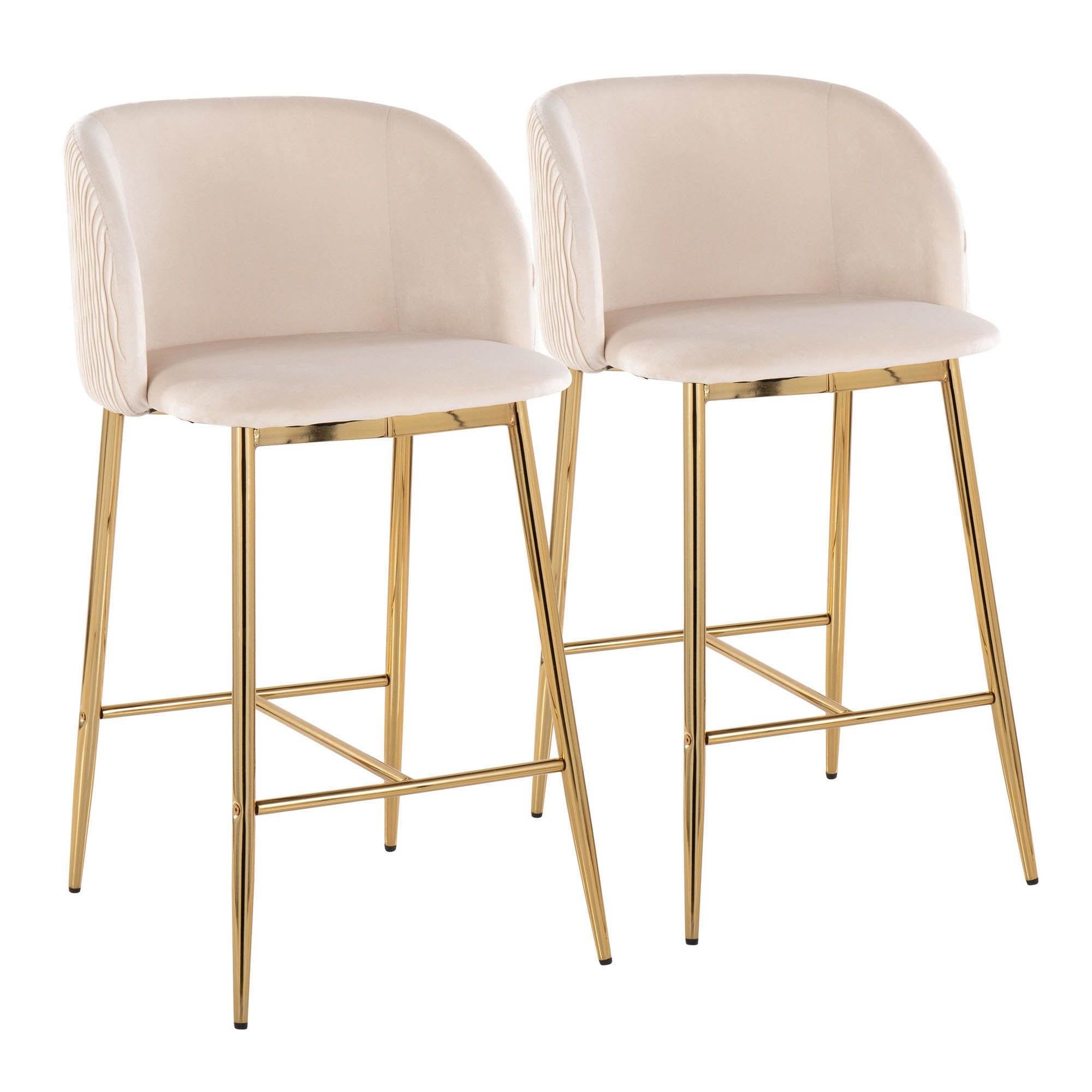 Fran Pleated Waves Gold Metal and White Velvet Counter Stools, Set of 2