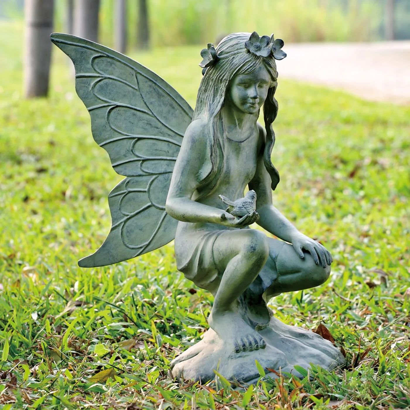 Verdigris Finish Fairy Garden Sculpture with Bird